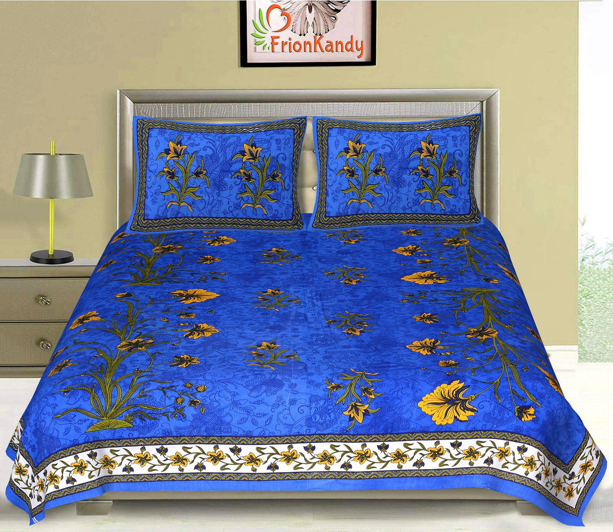 120 TC Azure Floral 100% Pure Cotton Bed Sheet King Size - Double Bed Sheet  with Pillow Covers (Blue)