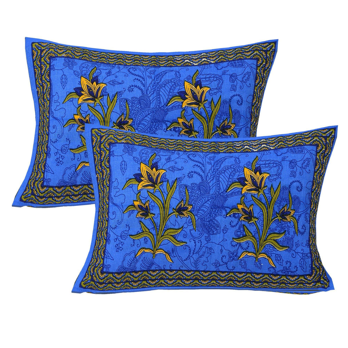 Blue Kashmiri Floral Print 120 Tc Cotton Double Bed Sheet With 2 Pillow Covers Shkap1141