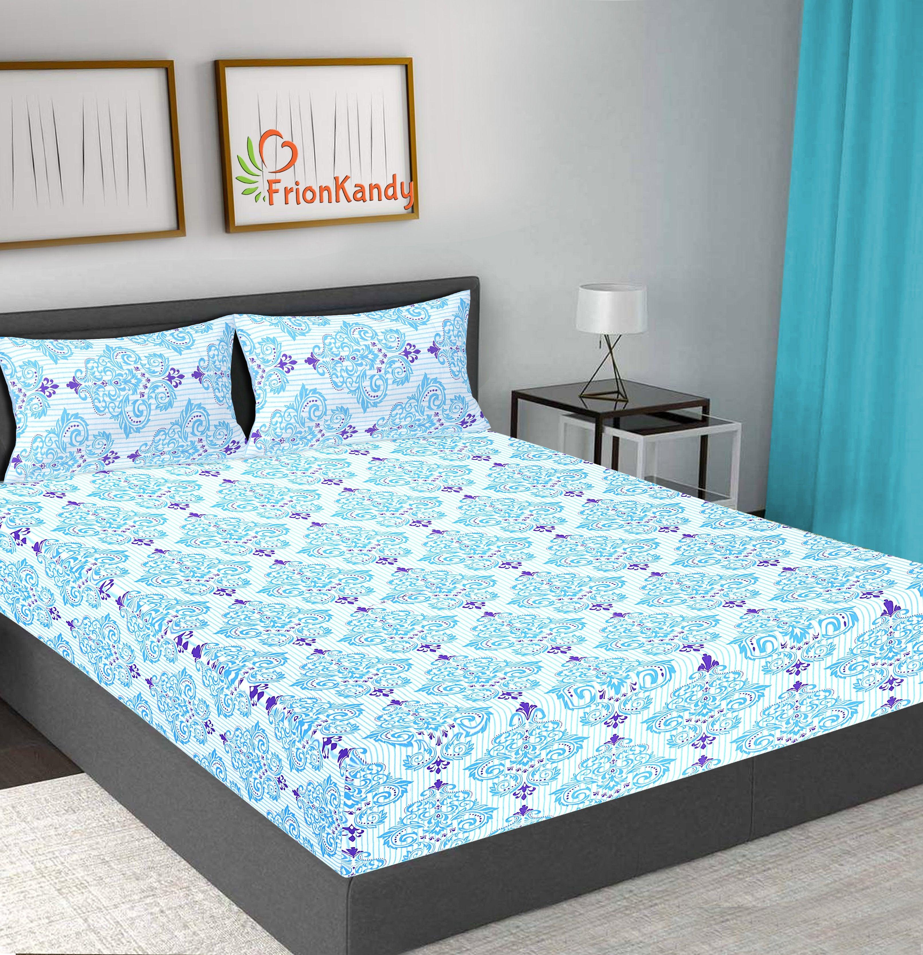 Blue Floral Print 120 TC Cotton Double Bed Sheet with 2 Pillow