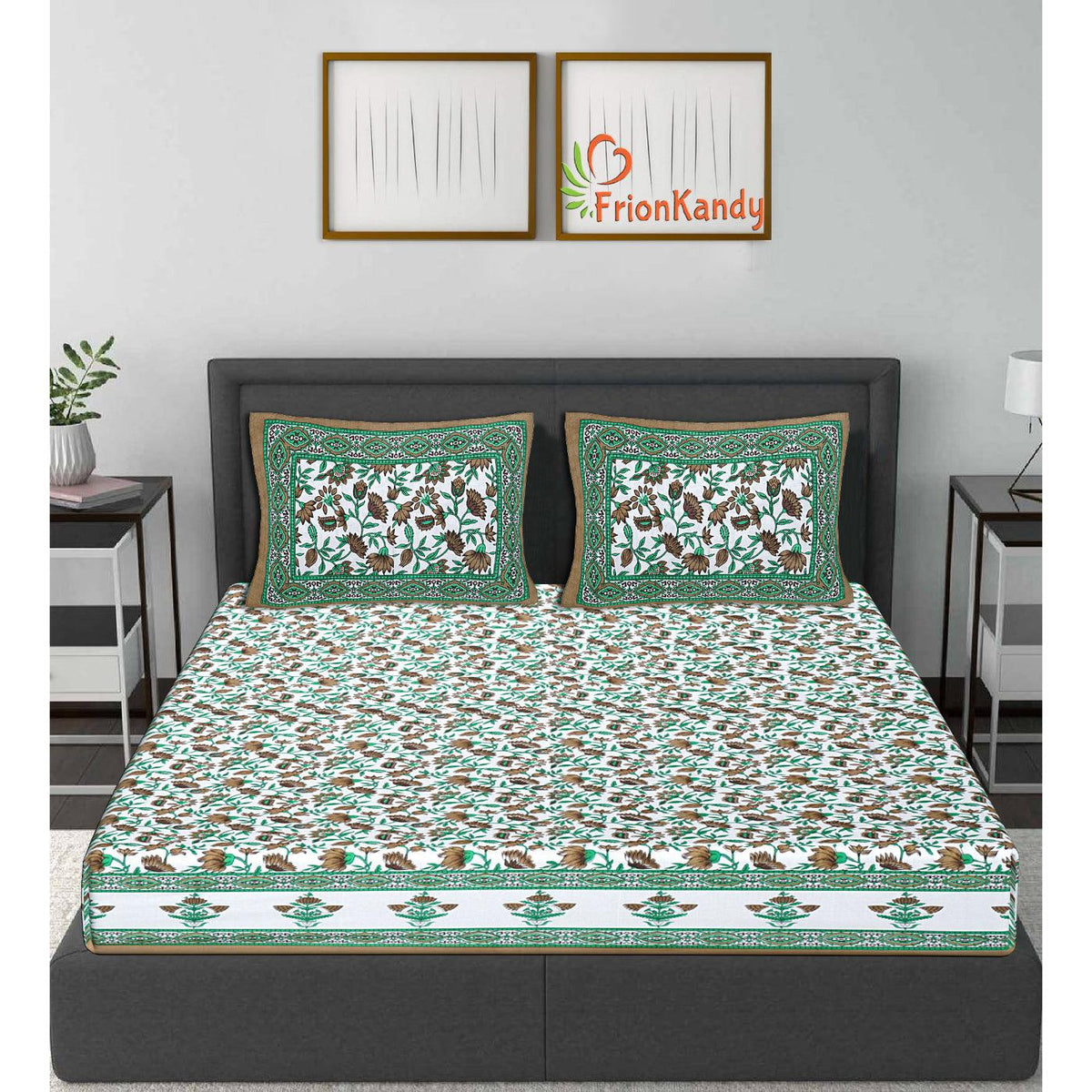 Green Jaipuri Print 120 TC Cotton Double Bed Sheet with 2 Pillow Covers  (SHKAP1229) - Frionkandy