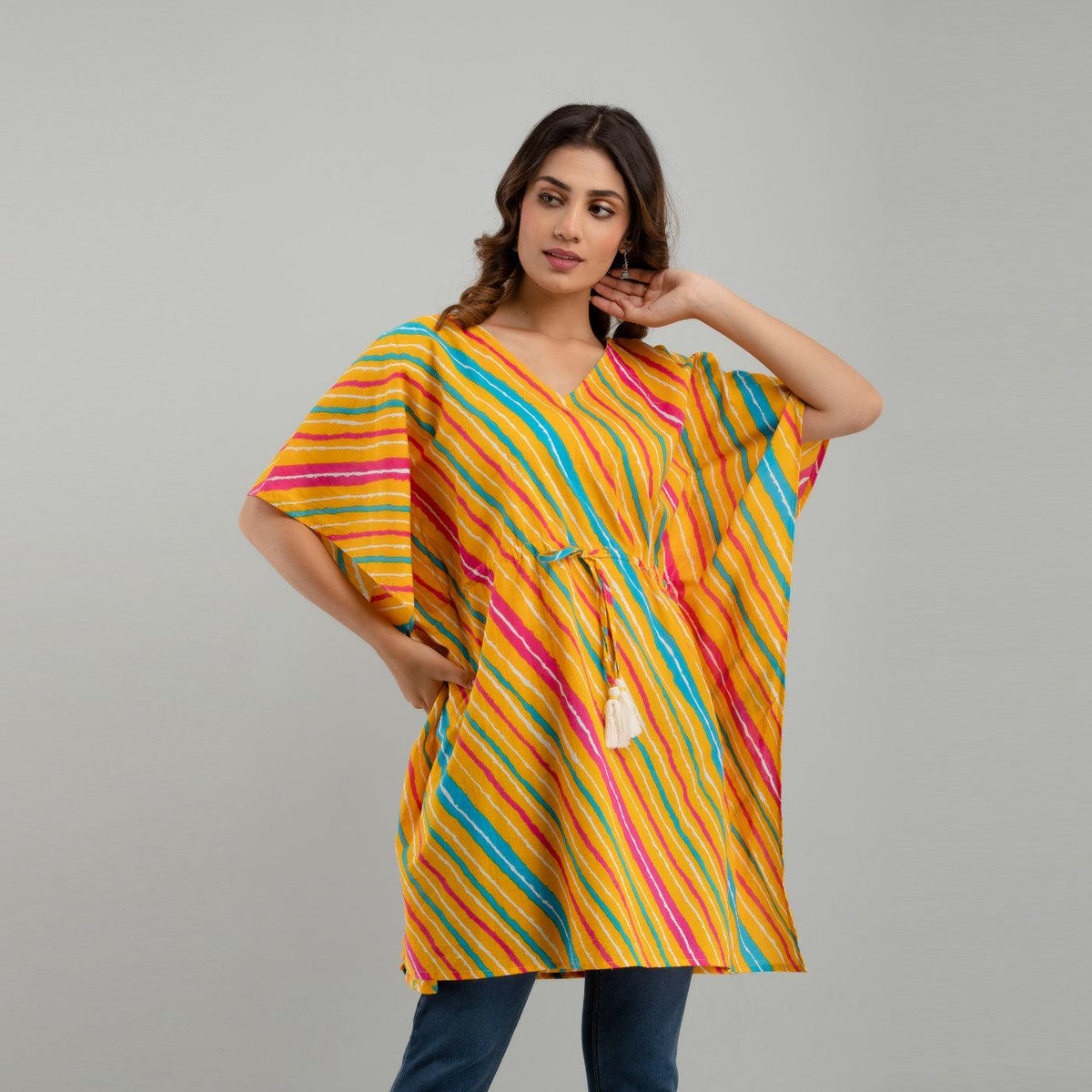 Yellow Leheriya Print Cotton Kaftan Dress (SHKUP1227) - Frionkandy