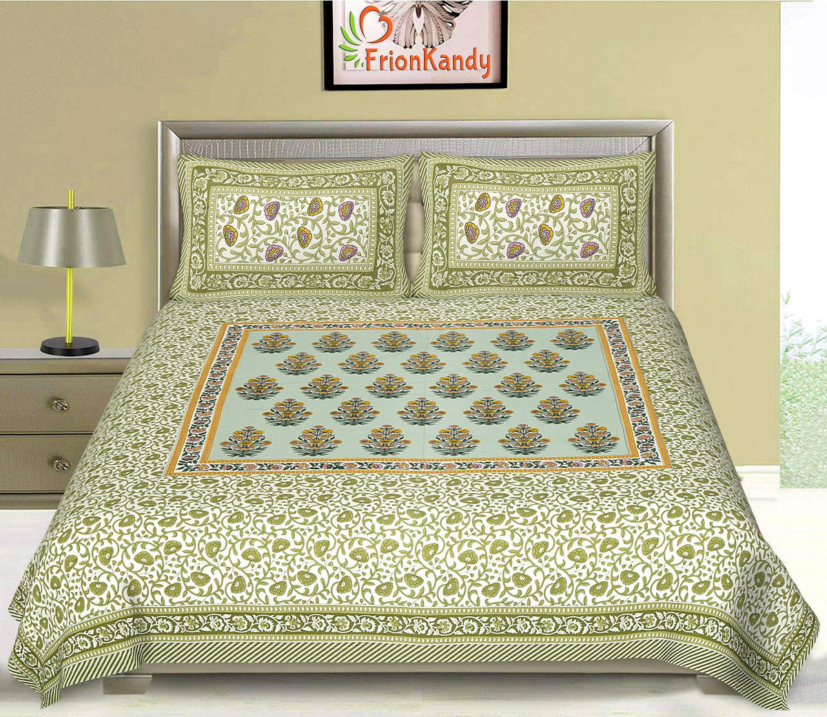 RajasthaniKart® Pure 100% Cotton Double Bed Sheet with 2 Pillow Covers  (Bedsheet for Double Bed Cotton, Green More Jaipuri, King Size,731)