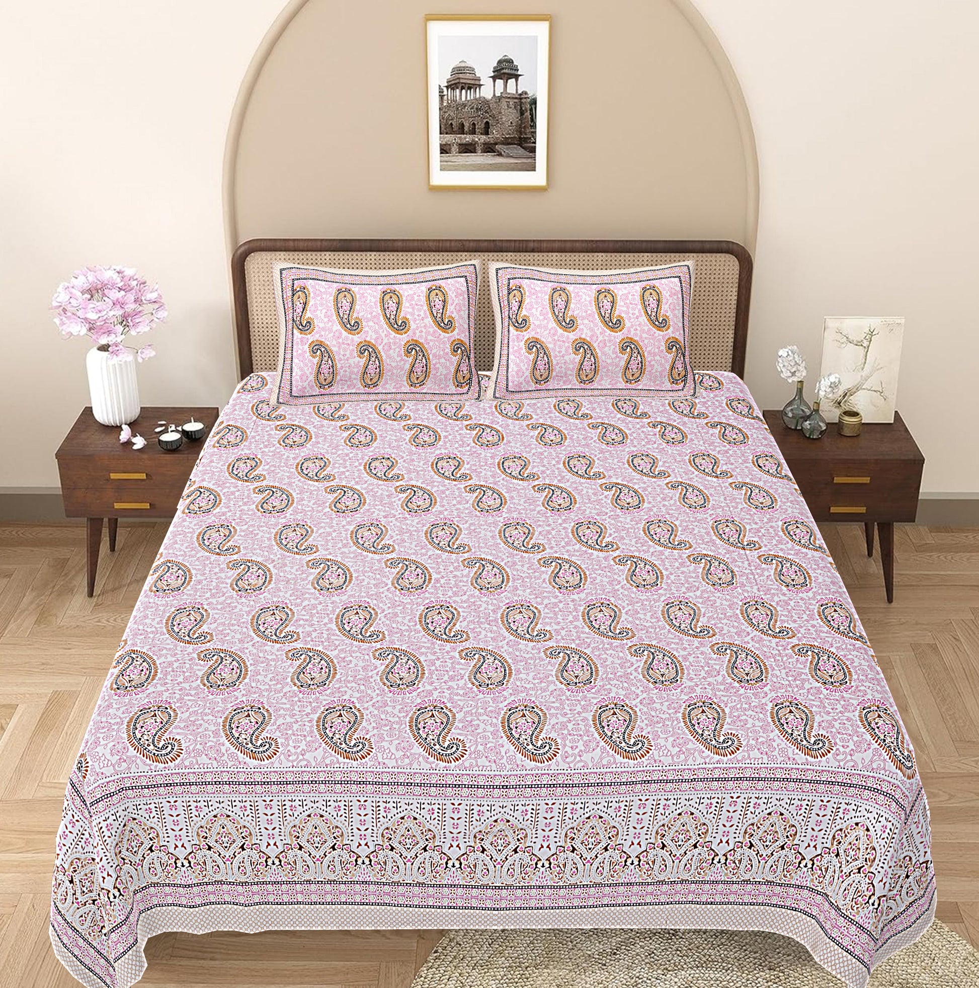 Pink Pearl Paisley Printed Double Bedsheet With 2 Pillow Covers ADB1449