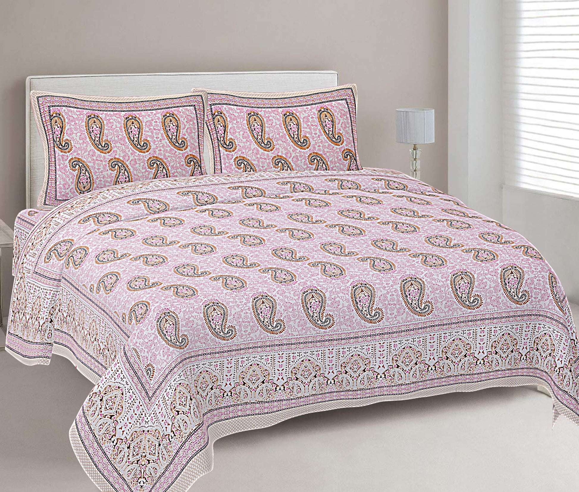 Pink Pearl Paisley Printed Double Bedsheet With 2 Pillow Covers ADB1449