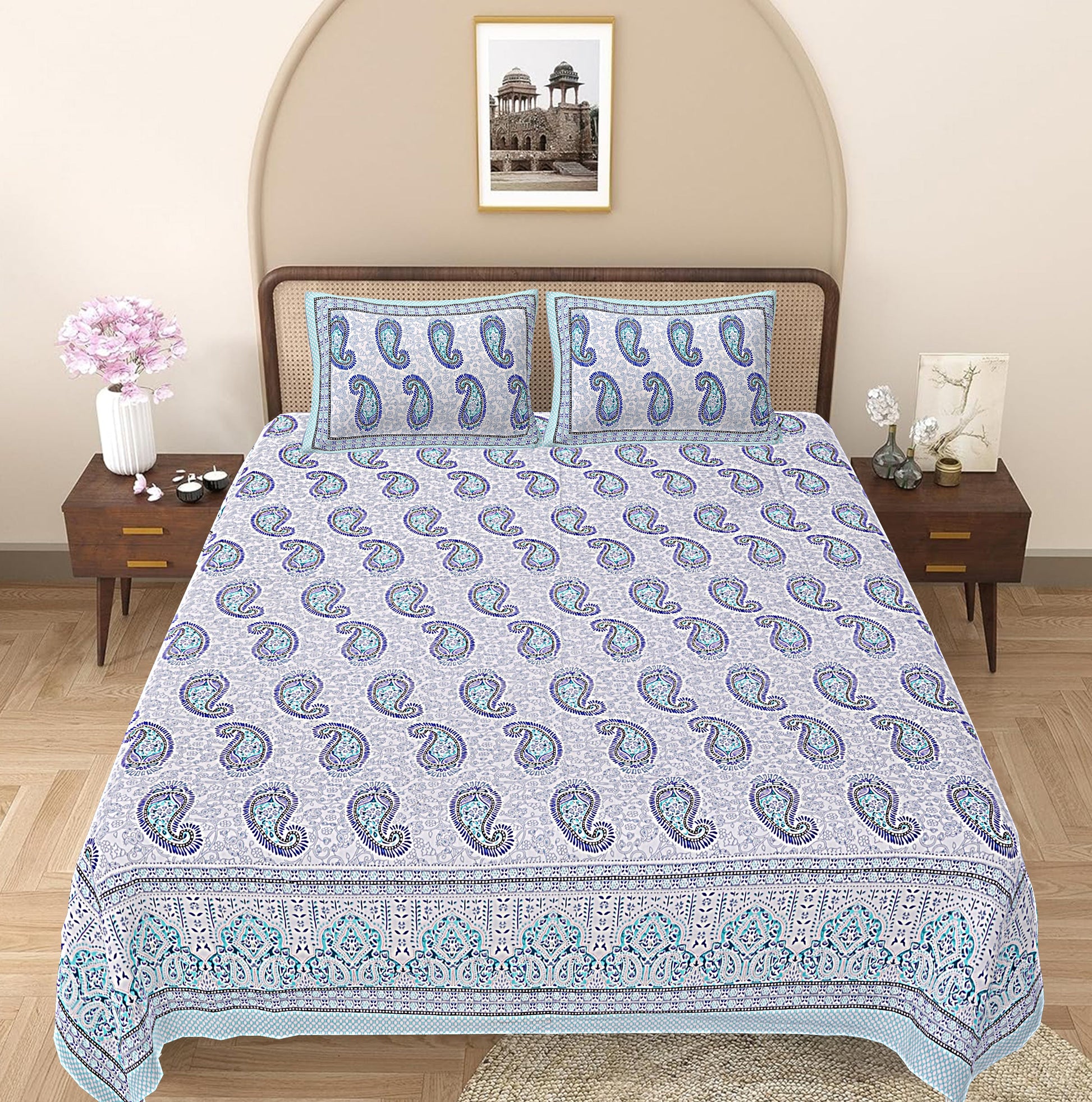 Turquoise Blue Paisley Printed Double Bedsheet With 2 Pillow Covers ADB1450