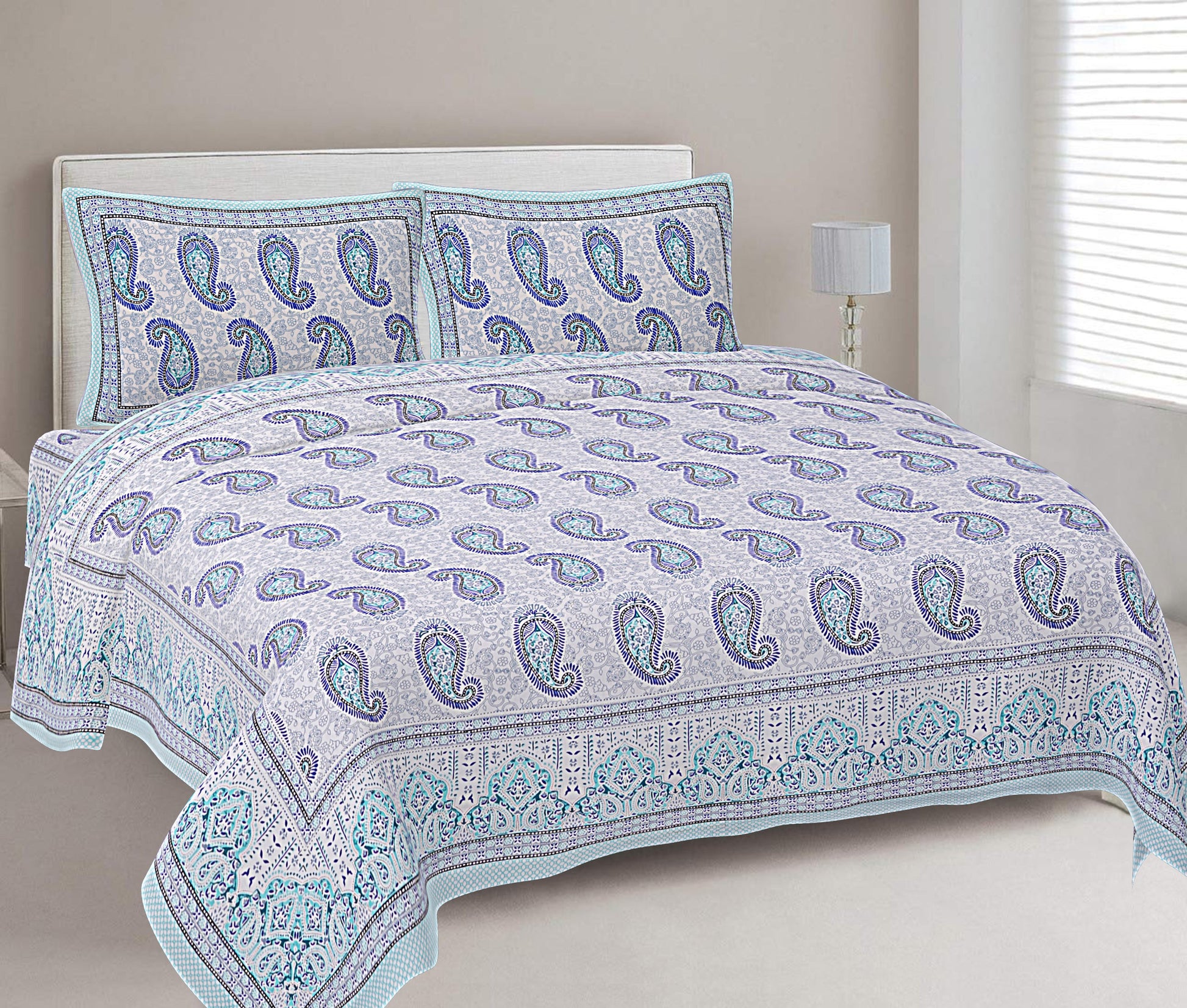 Turquoise Blue Paisley Printed Double Bedsheet With 2 Pillow Covers ADB1450