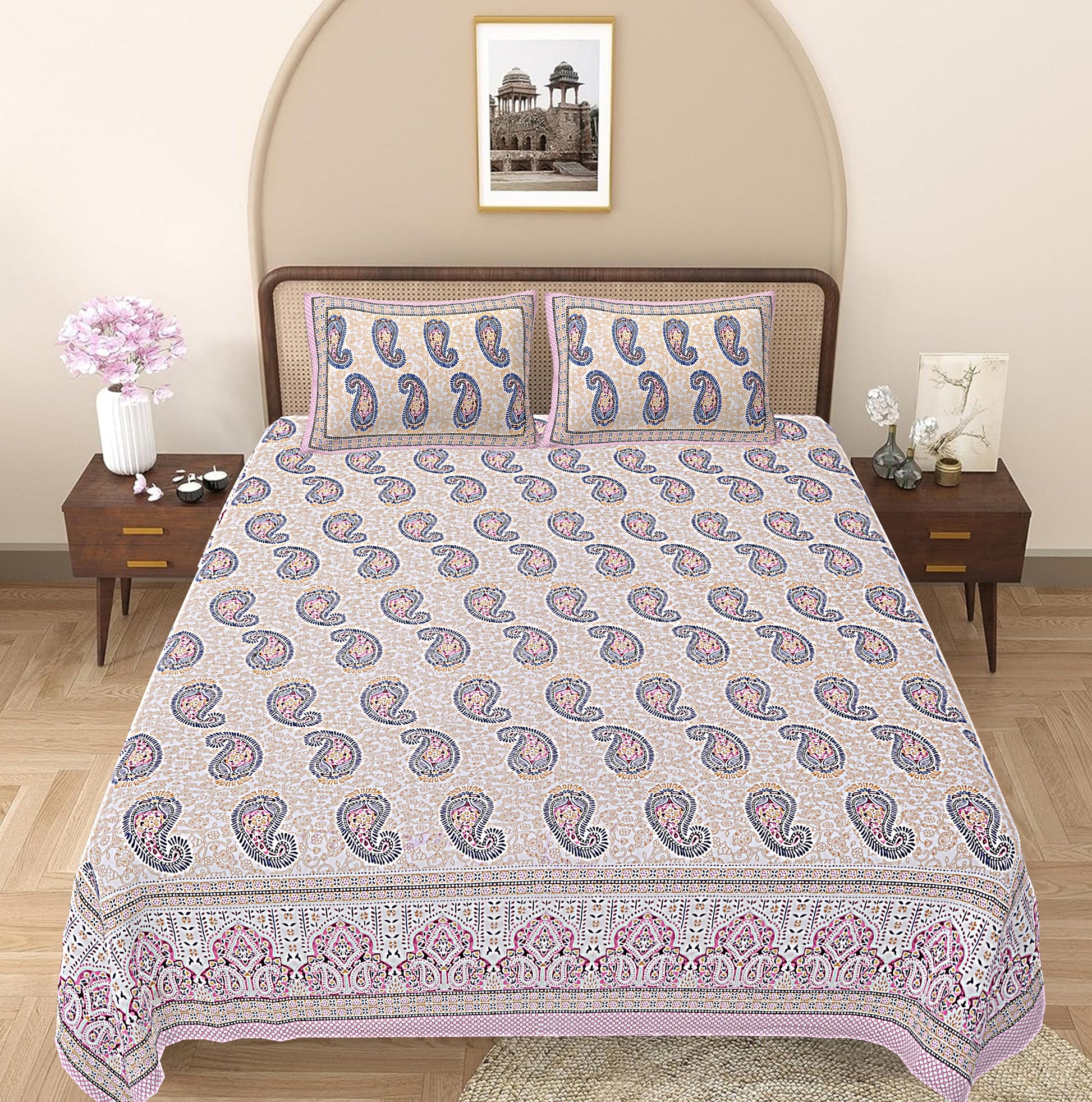 Taffy Pink Paisley Printed Double Bedsheet With 2 Pillow Covers ADB1451