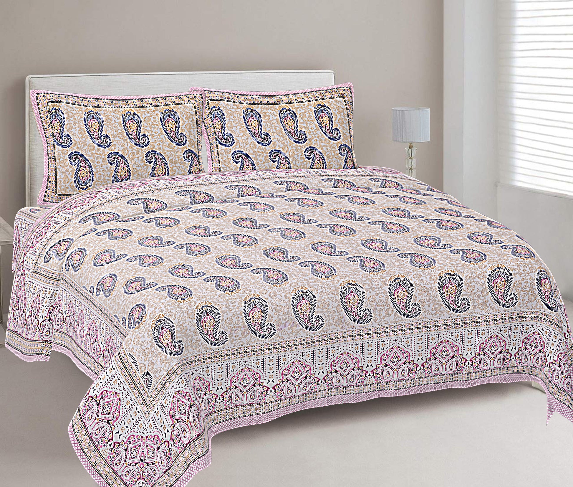 Taffy Pink Paisley Printed Double Bedsheet With 2 Pillow Covers ADB1451