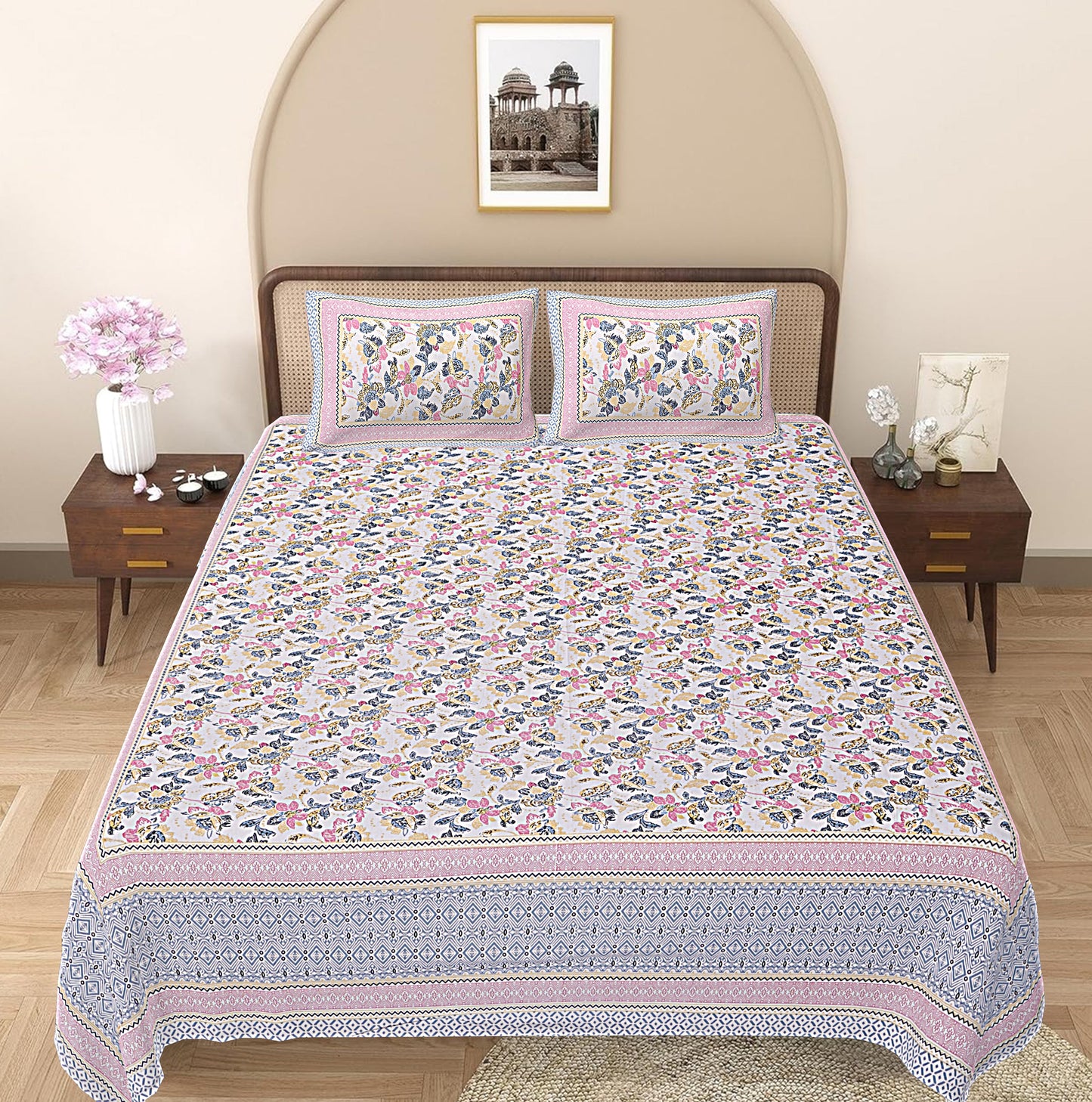 Pink Pearl Floral Printed Double Bedsheet With 2 Pillow Covers ADB1453