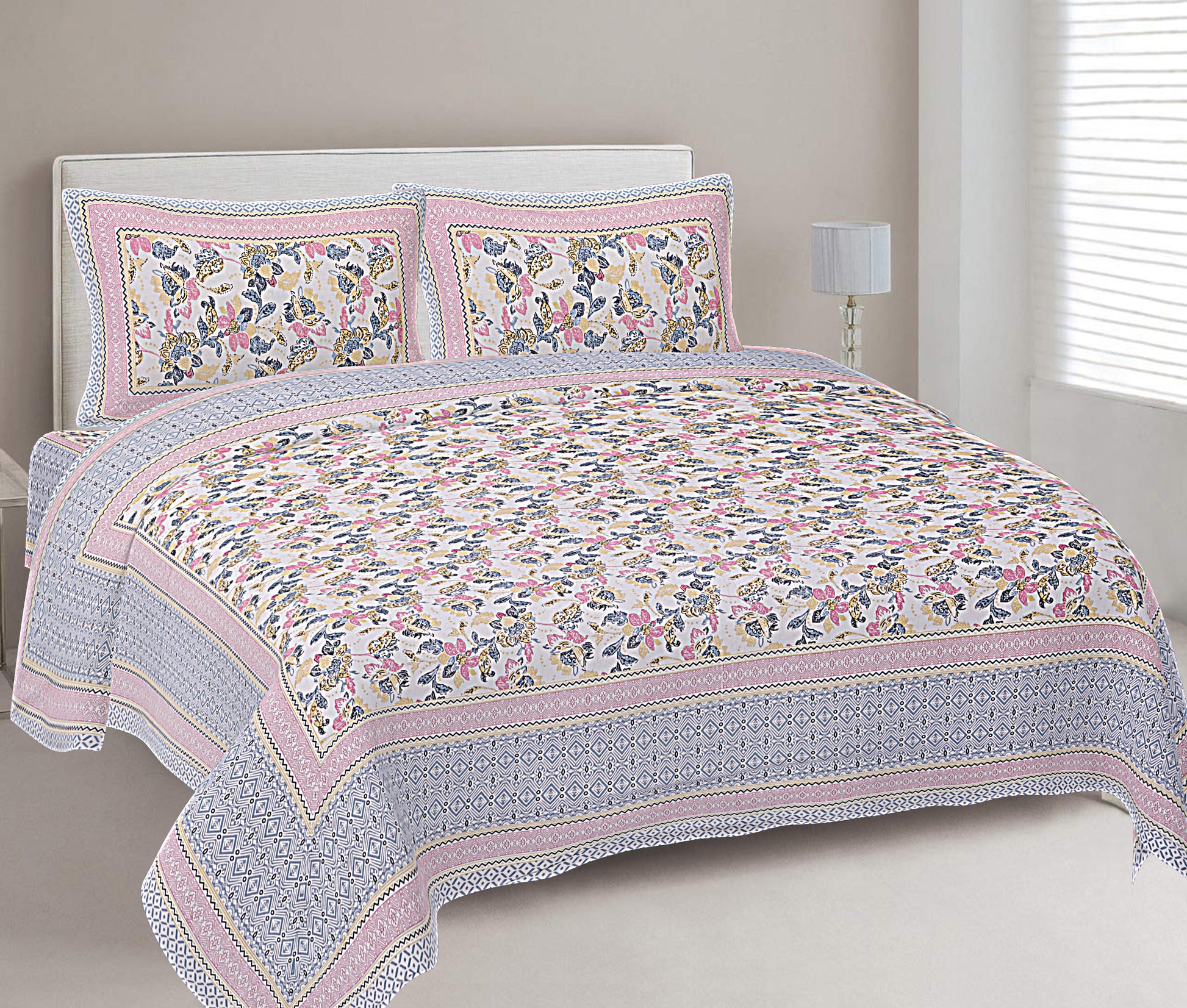 Pink Pearl Floral Printed Double Bedsheet With 2 Pillow Covers ADB1453