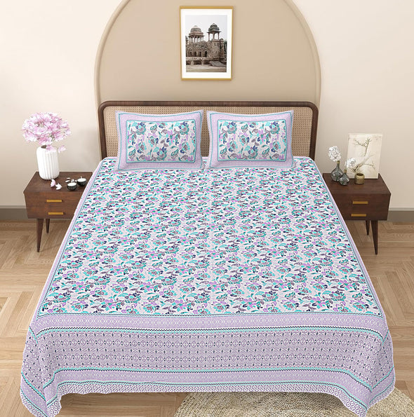 Turquoise Blue Floral Printed Double Bedsheet With 2 Pillow Covers ADB1454