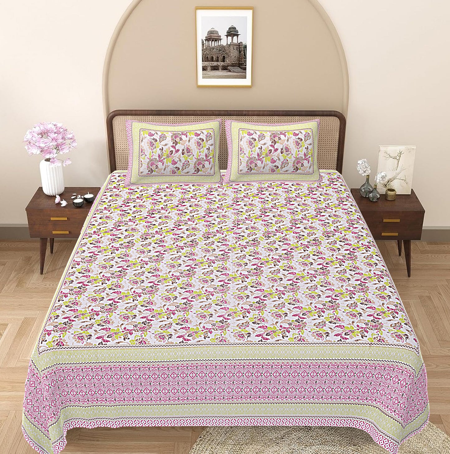 Light Chartreuse Floral Printed Double Bedsheet With 2 Pillow Covers ADB1455