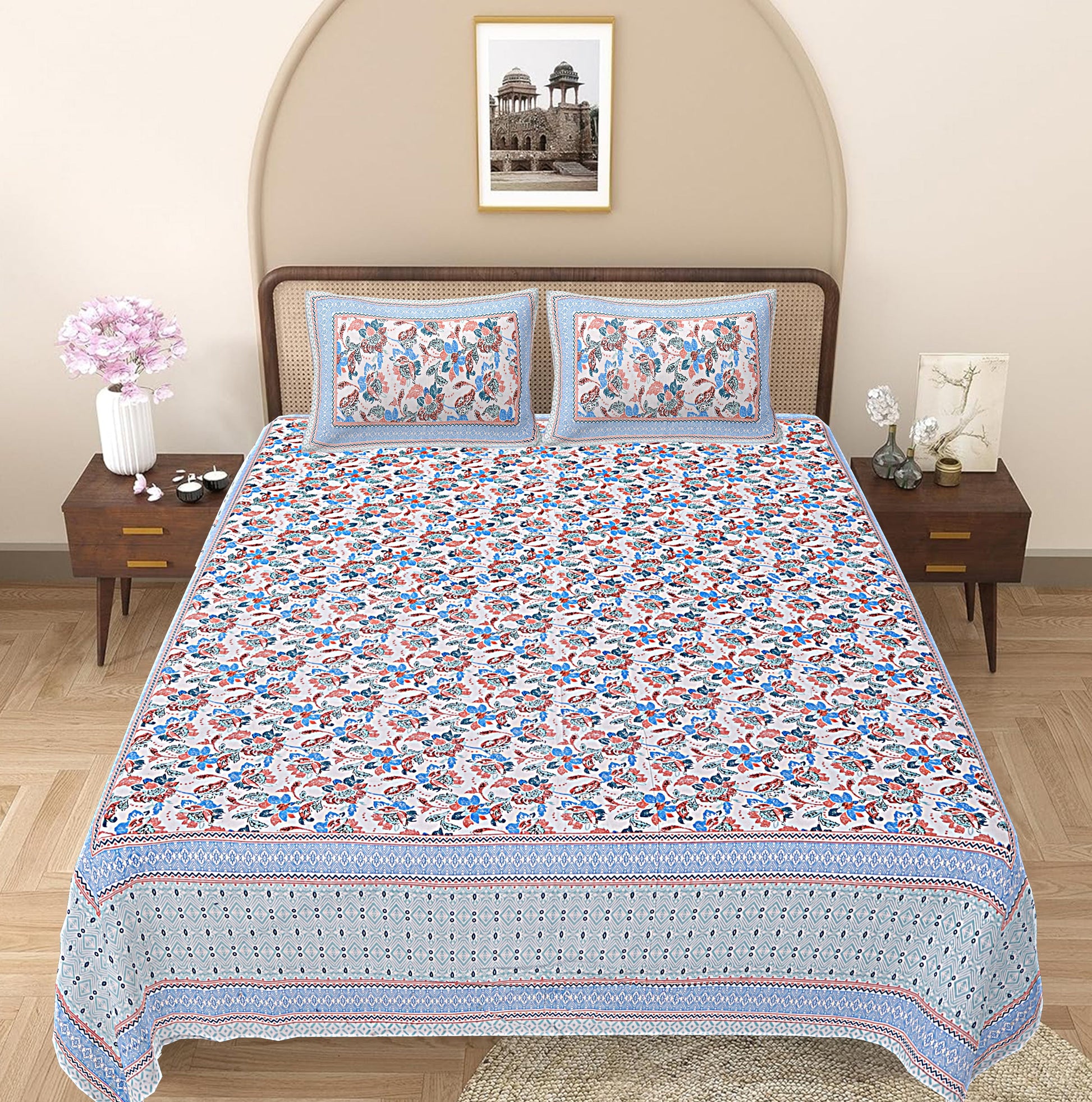 Sky Blue Floral Printed Double Bedsheet With 2 Pillow Covers ADB1456