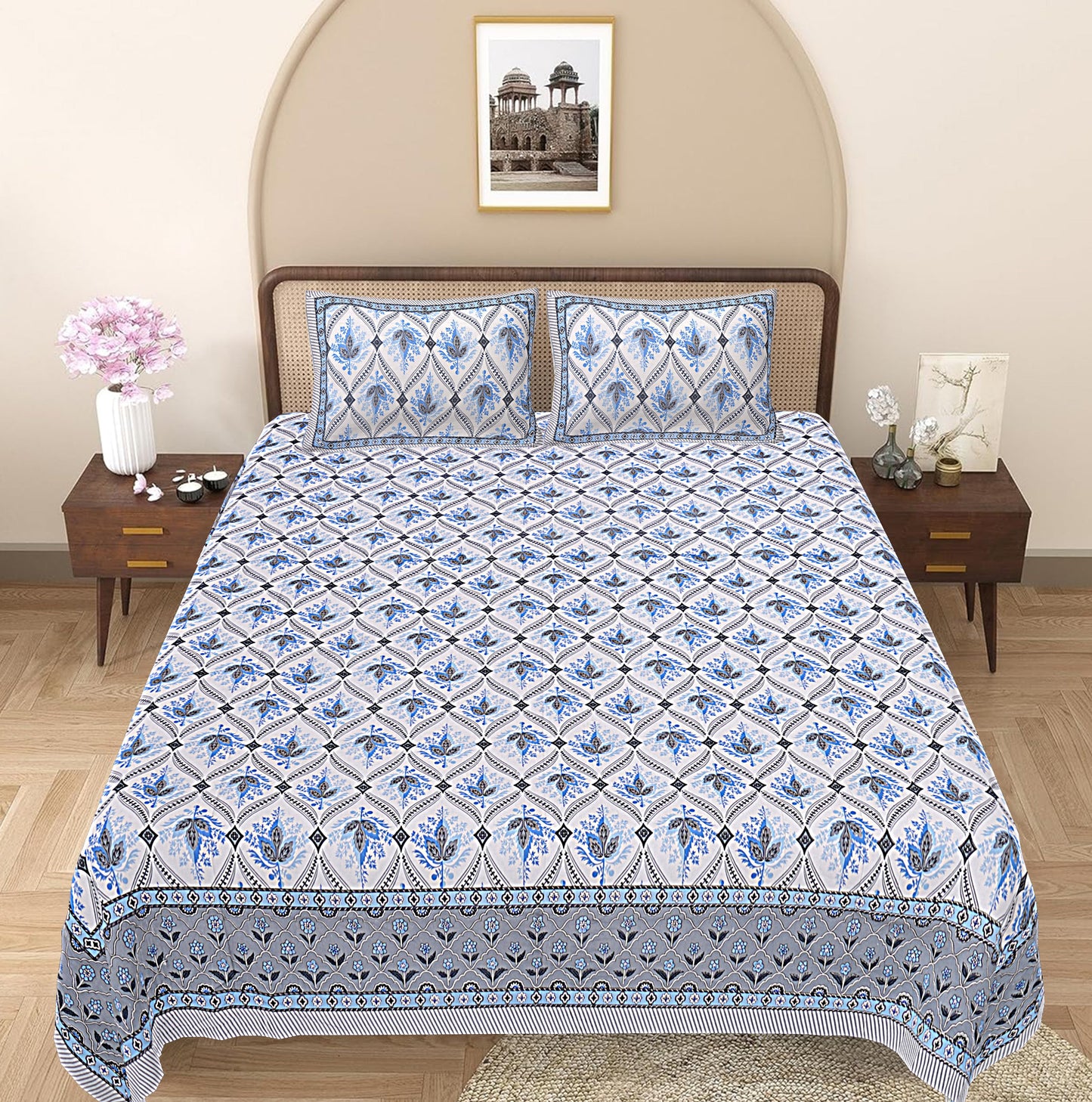 Grey Floral Printed Double Bedsheet With 2 Pillow Covers ADB1457