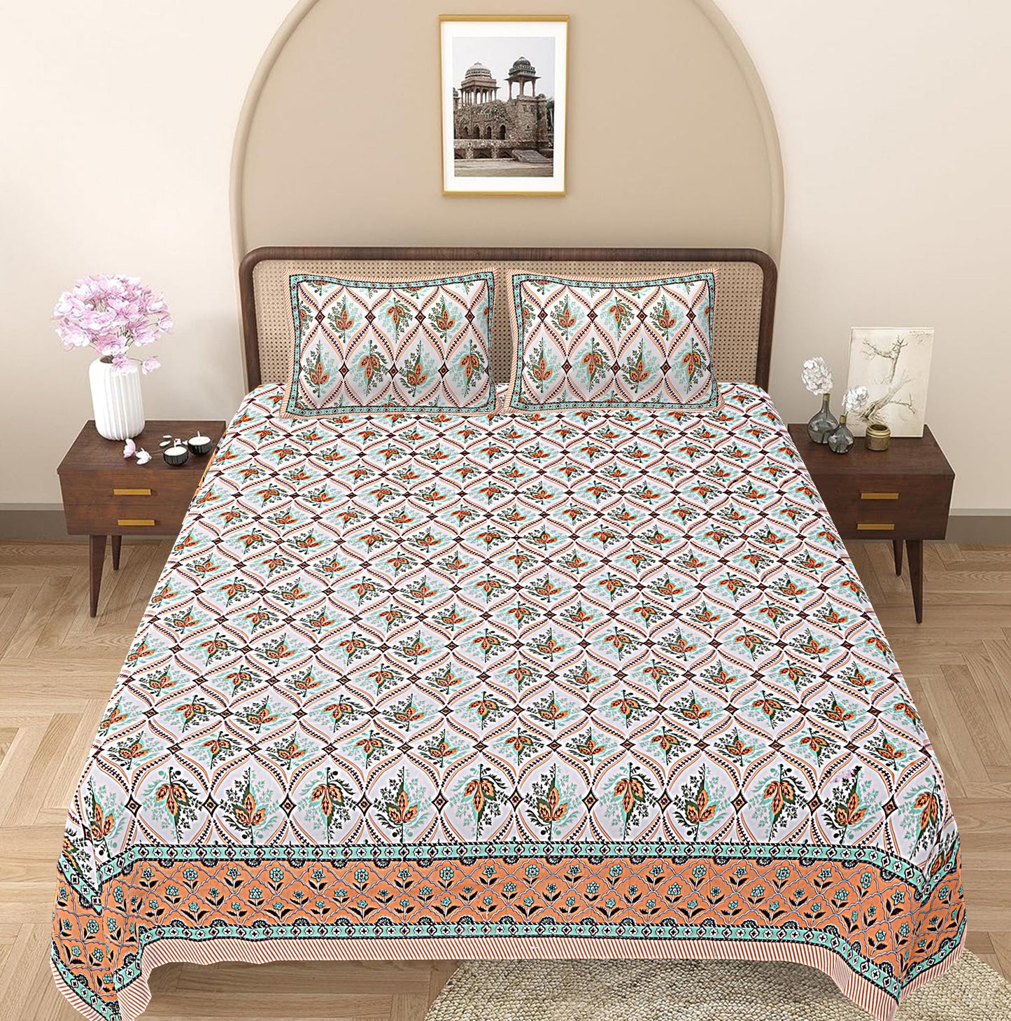 Brown Floral Printed Double Bedsheet With 2 Pillow Covers ADB1458