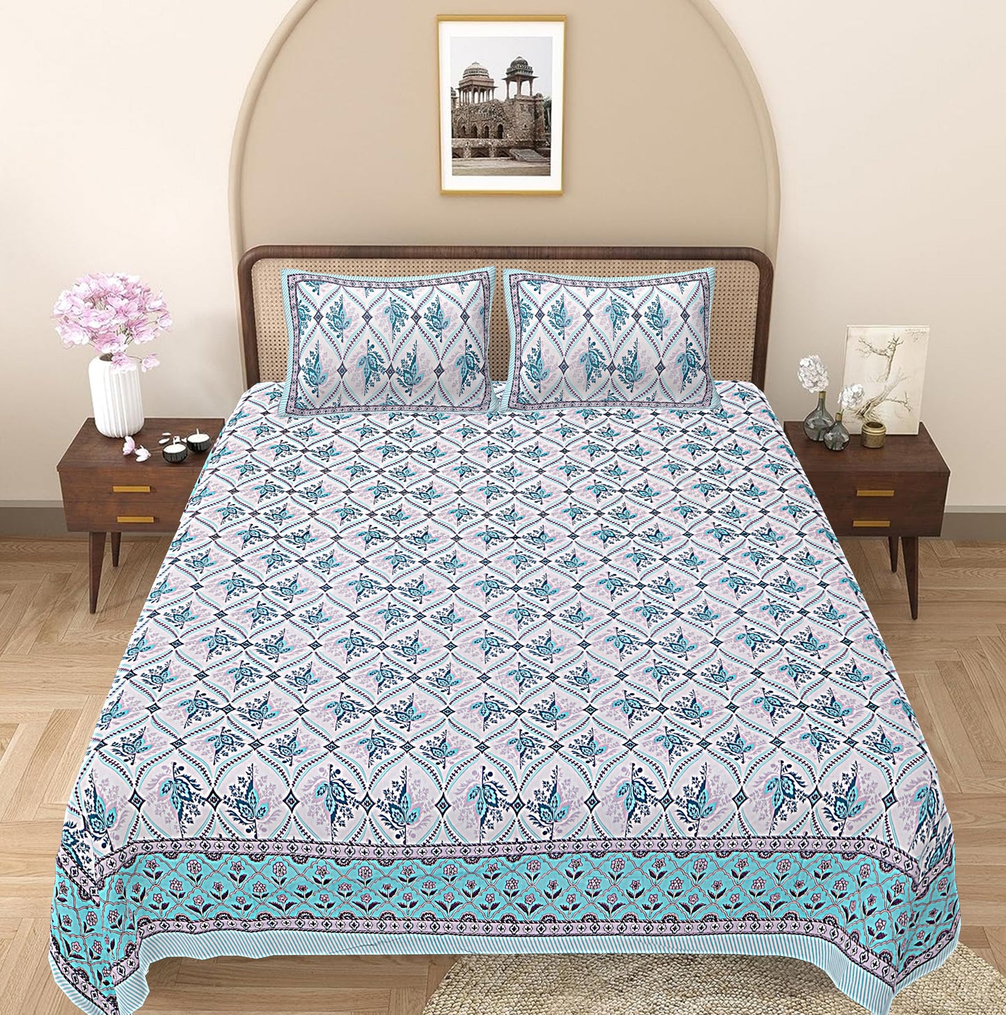 Turquoise Blue Floral Printed Double Bedsheet With 2 Pillow Covers ADB1460