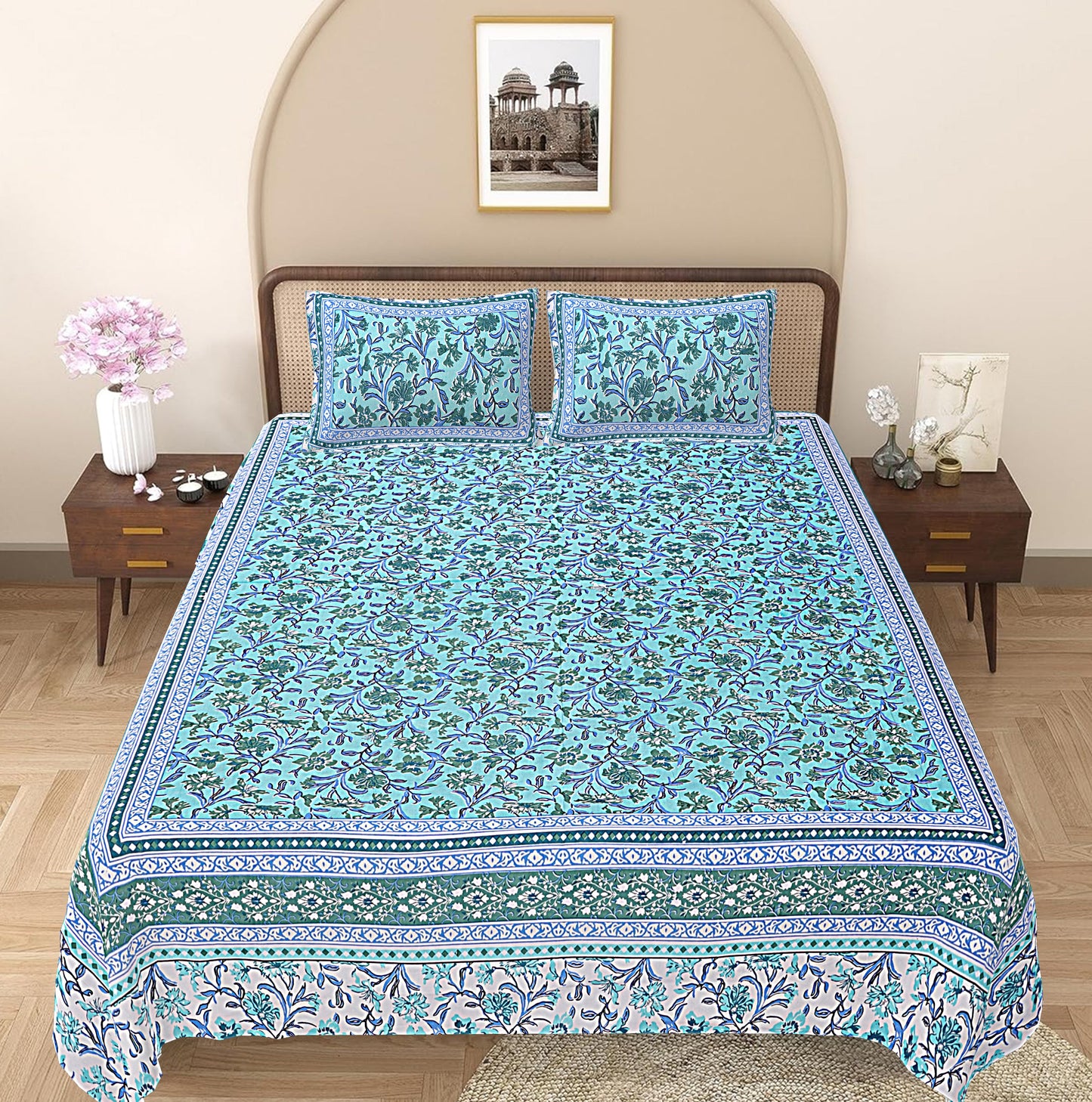 Turquoise Blue Floral Printed Double Bedsheet With 2 Pillow Covers ADB1461