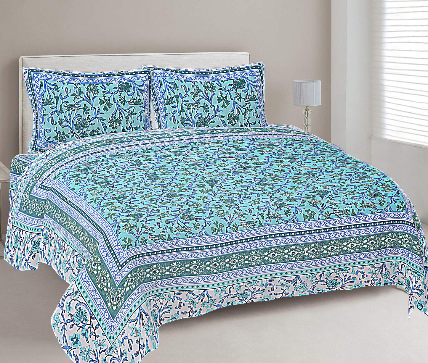 Turquoise Blue Floral Printed Double Bedsheet With 2 Pillow Covers ADB1461