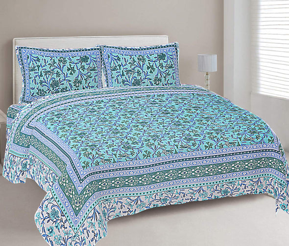 Turquoise Blue Floral Printed Double Bedsheet With 2 Pillow Covers ADB1461