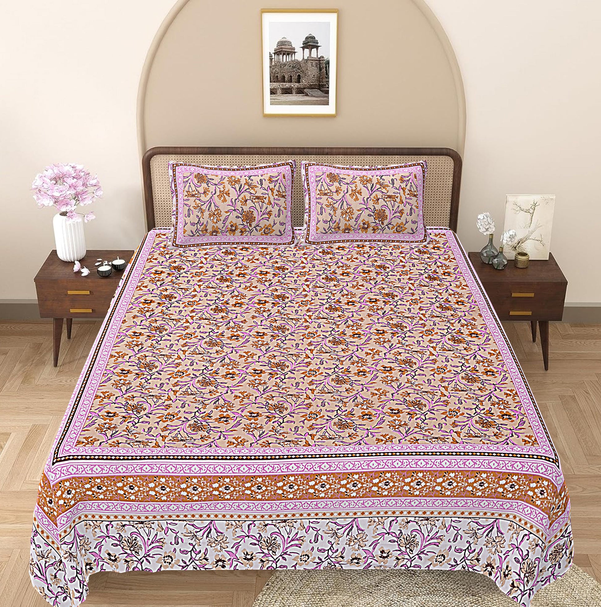 Fuchsia Pink Floral Printed Double Bedsheet With 2 Pillow Covers ADB1462