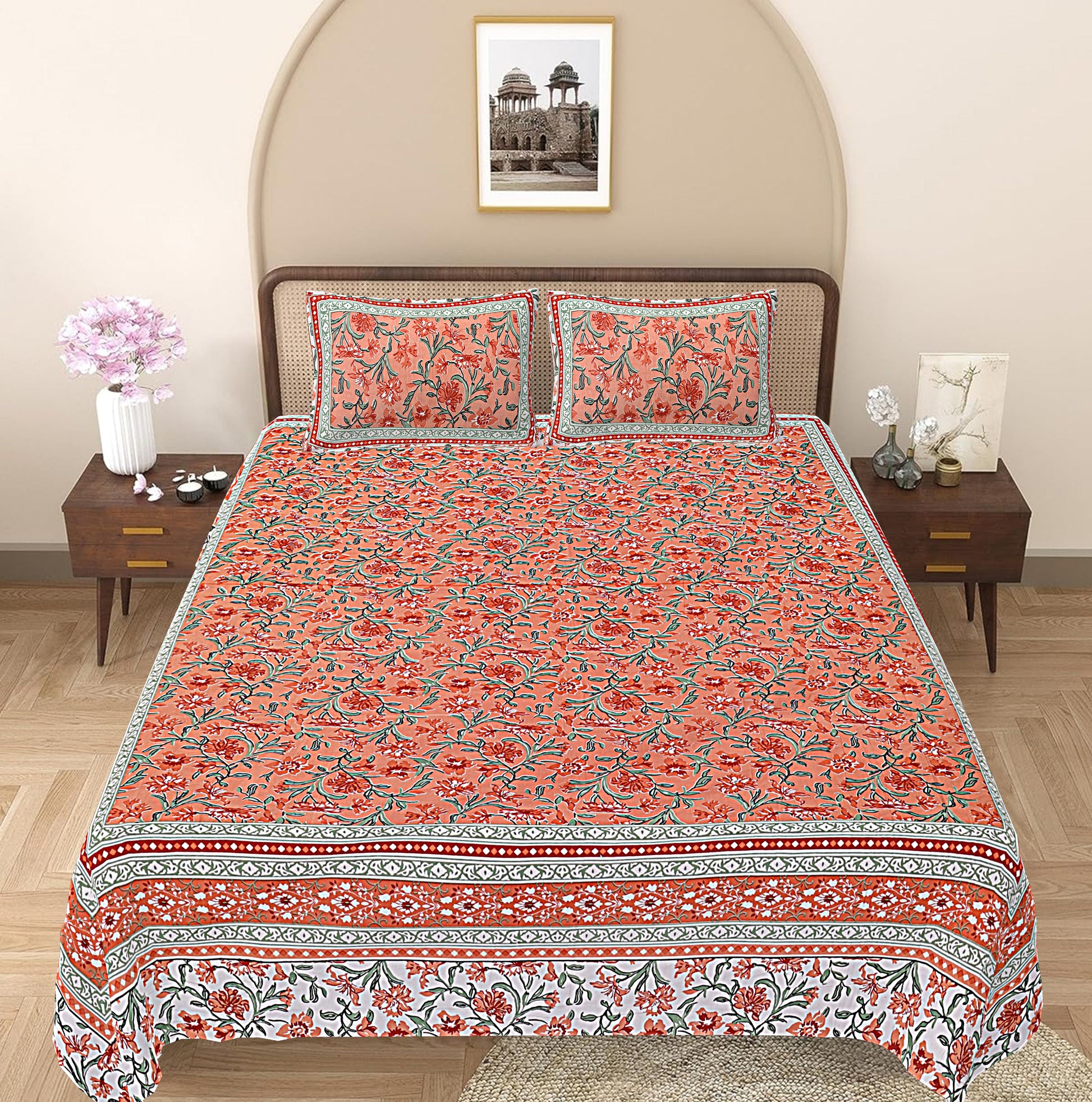 Brown Floral Printed Double Bedsheet With 2 Pillow Covers ADB1463