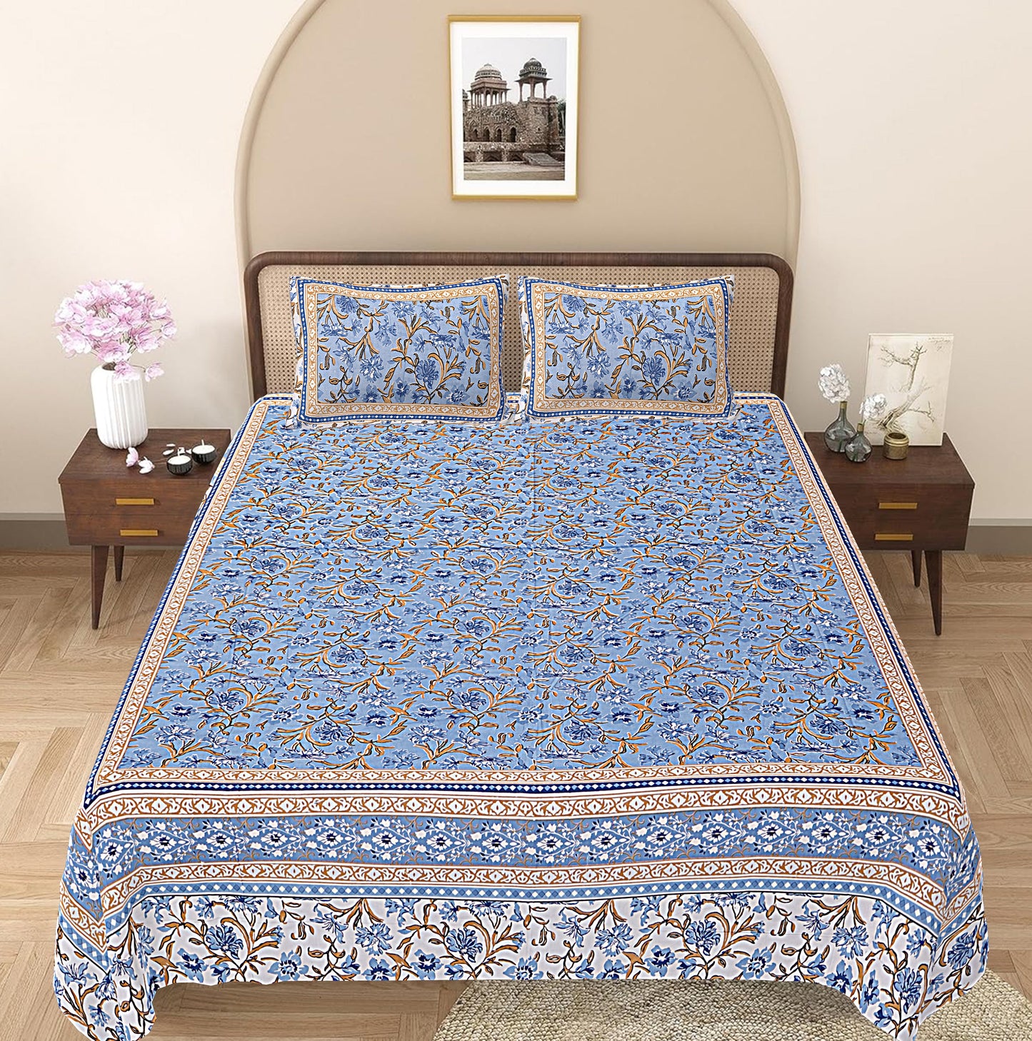 Stone Blue Floral Printed Double Bedsheet With 2 Pillow Covers ADB1464