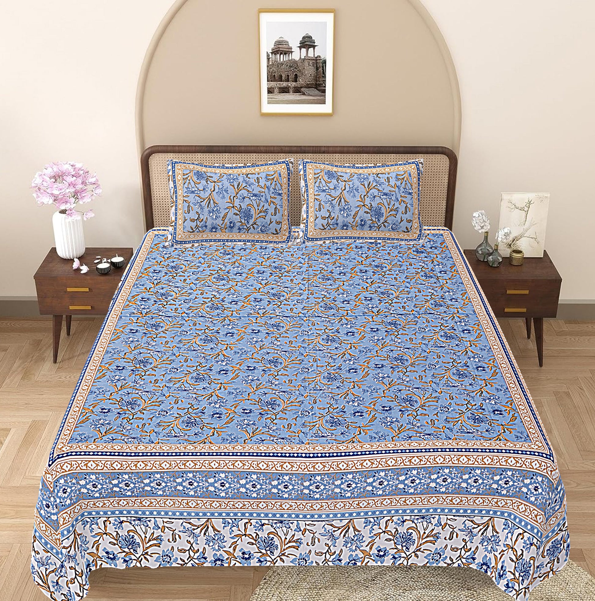 Stone Blue Floral Printed Double Bedsheet With 2 Pillow Covers ADB1464