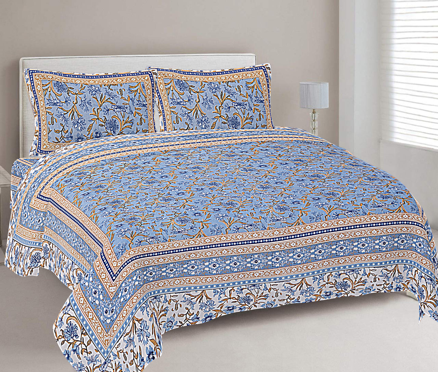 Stone Blue Floral Printed Double Bedsheet With 2 Pillow Covers ADB1464