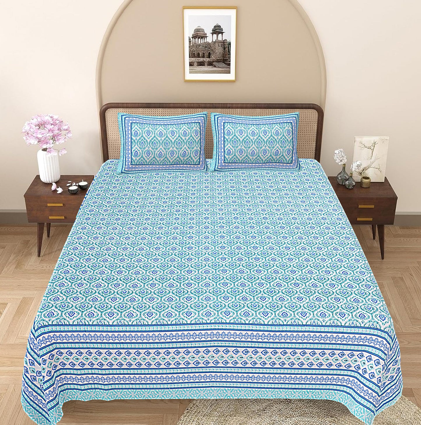 Turquoise Blue Floral Printed Double Bedsheet With 2 Pillow Covers ADB1465