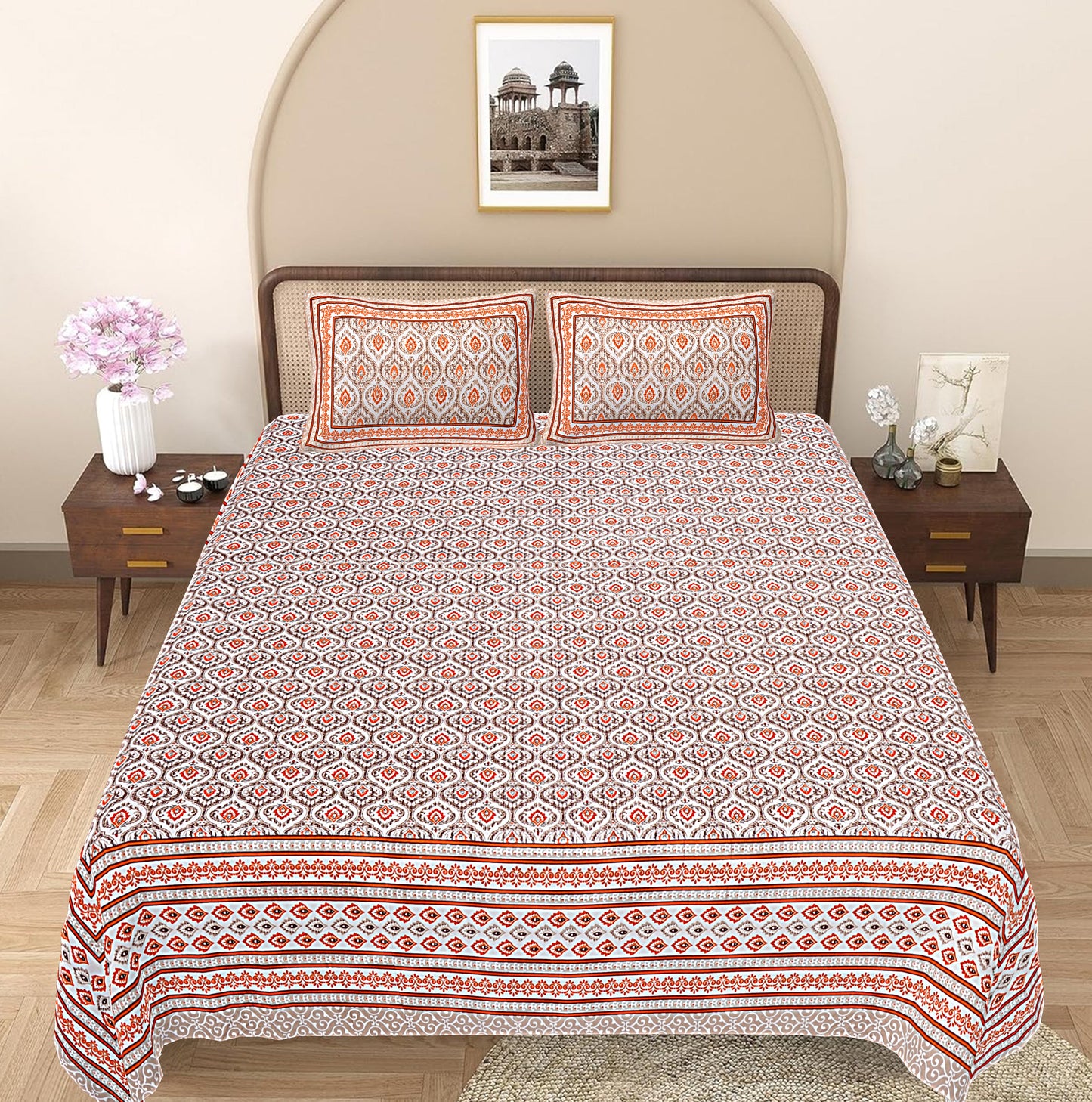 Orange Floral Printed Double Bedsheet With 2 Pillow Covers ADB1467