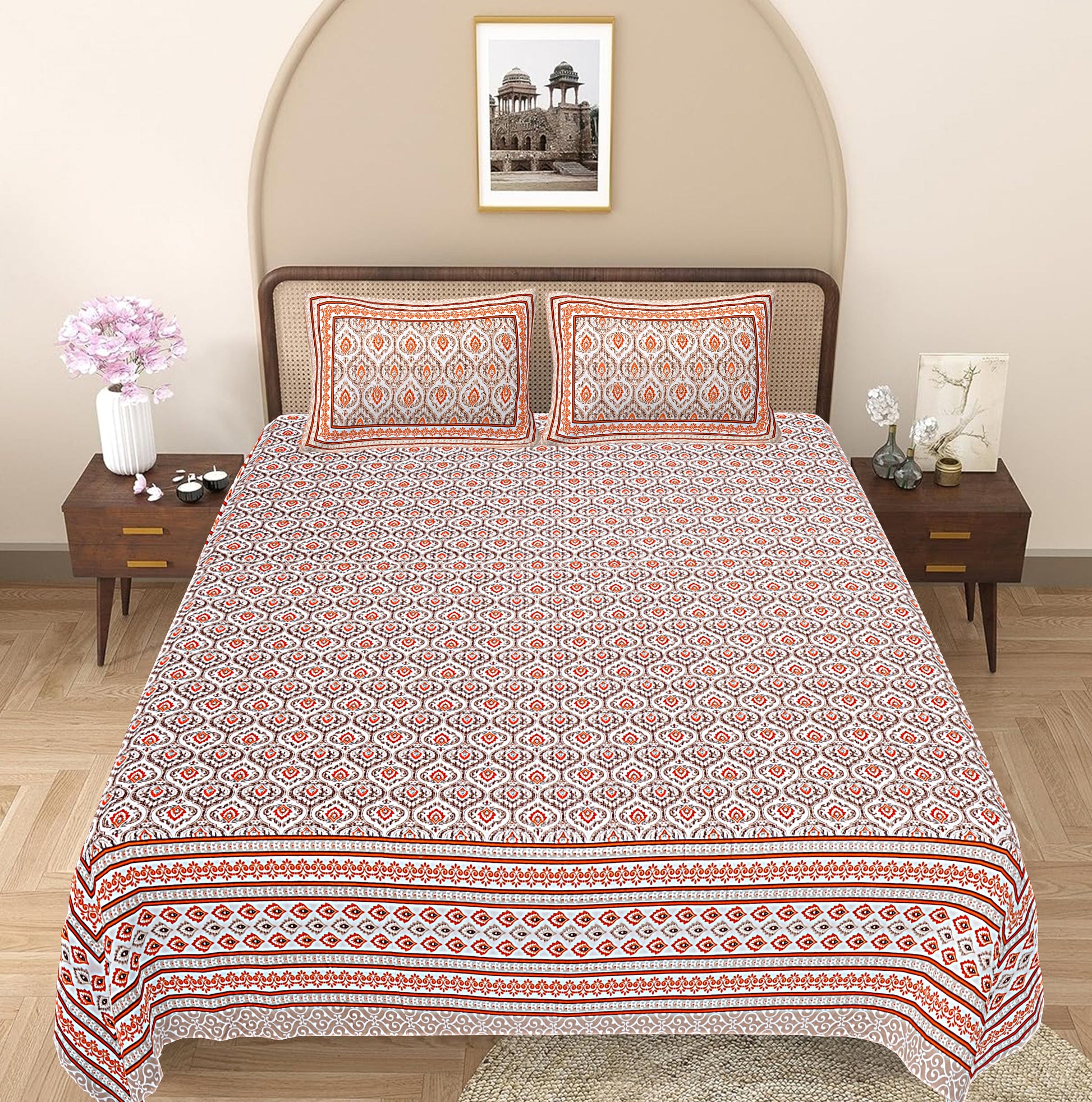 Orange Floral Printed Double Bedsheet With 2 Pillow Covers ADB1467