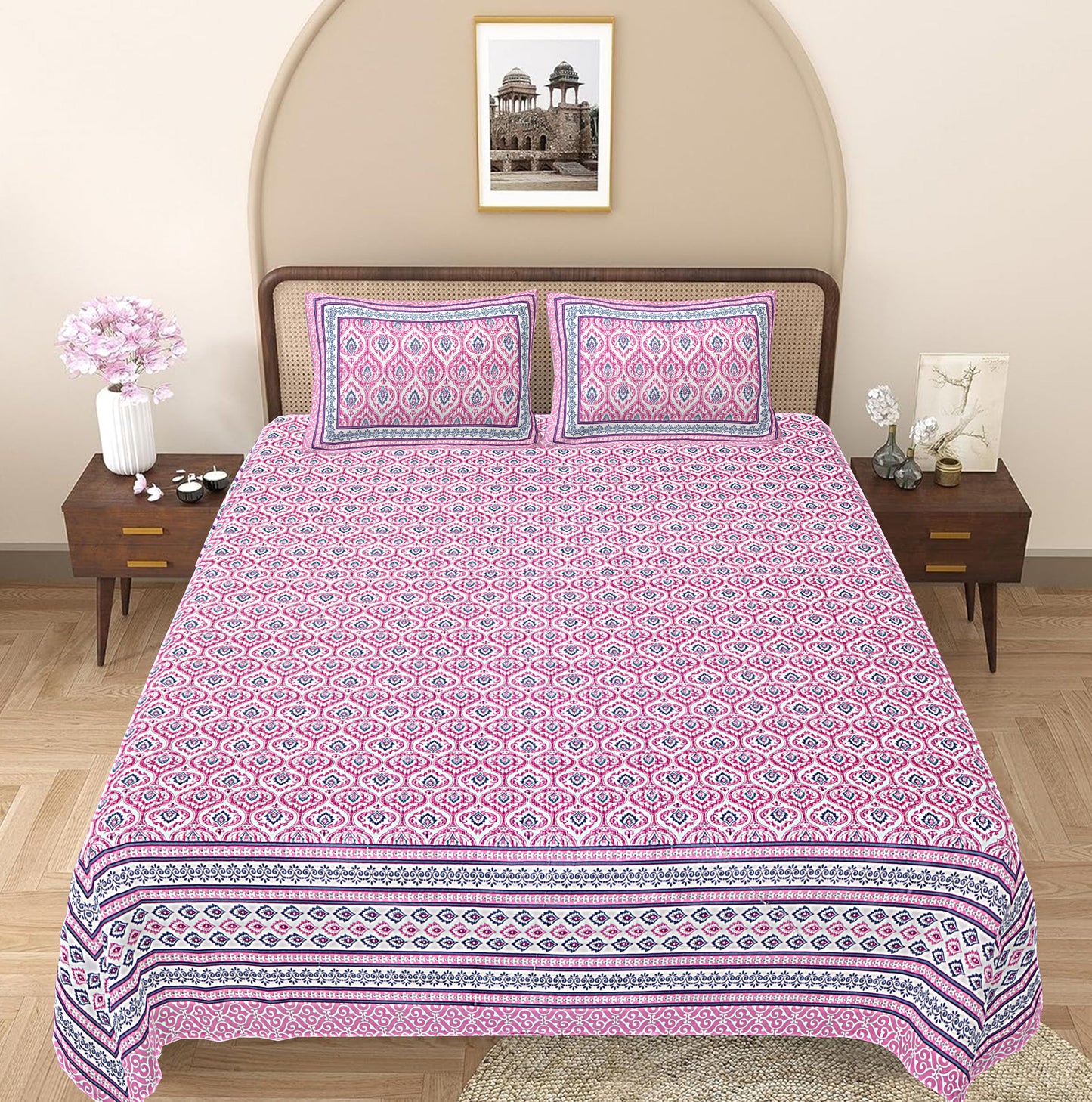 Magenta Floral Printed Double Bedsheet With 2 Pillow Covers ADB1468