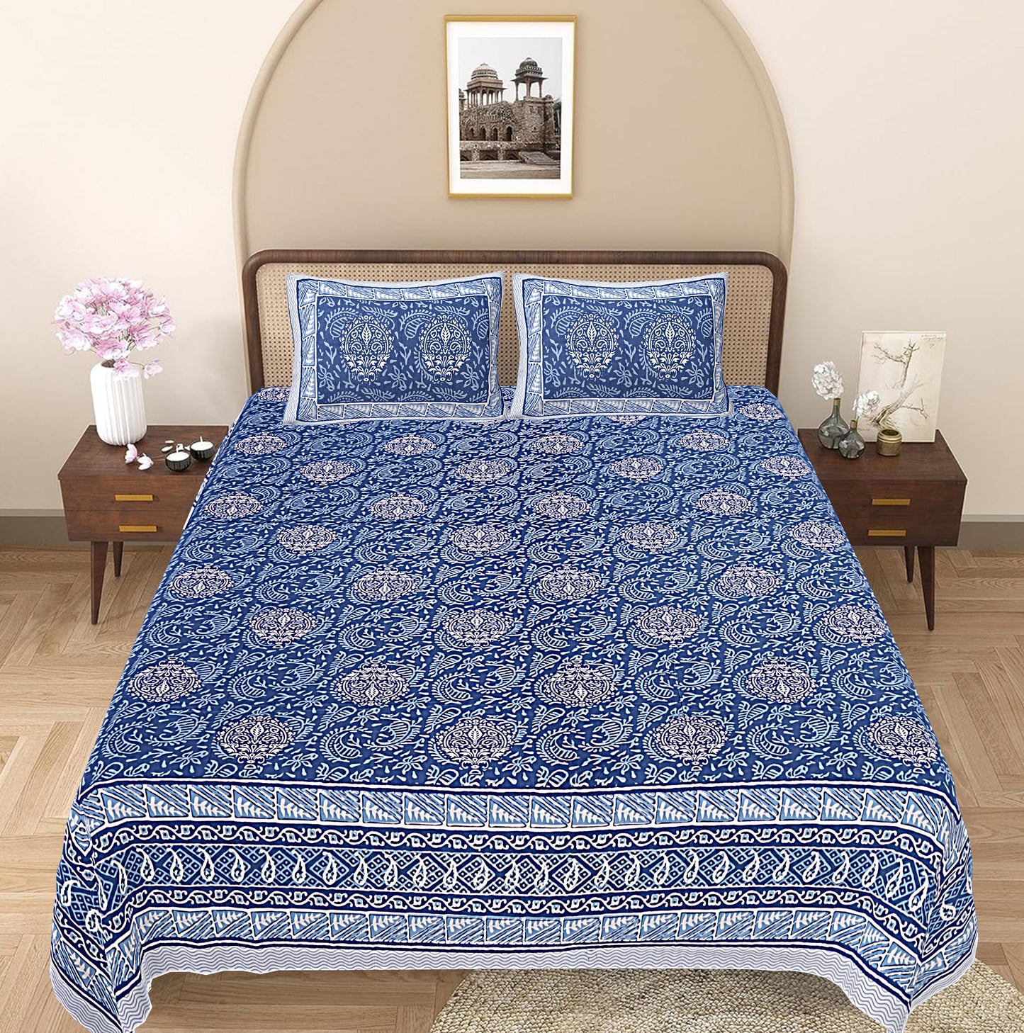 Denim Blue Ethnic Printed Double Bedsheet With 2 Pillow Covers ADB1469