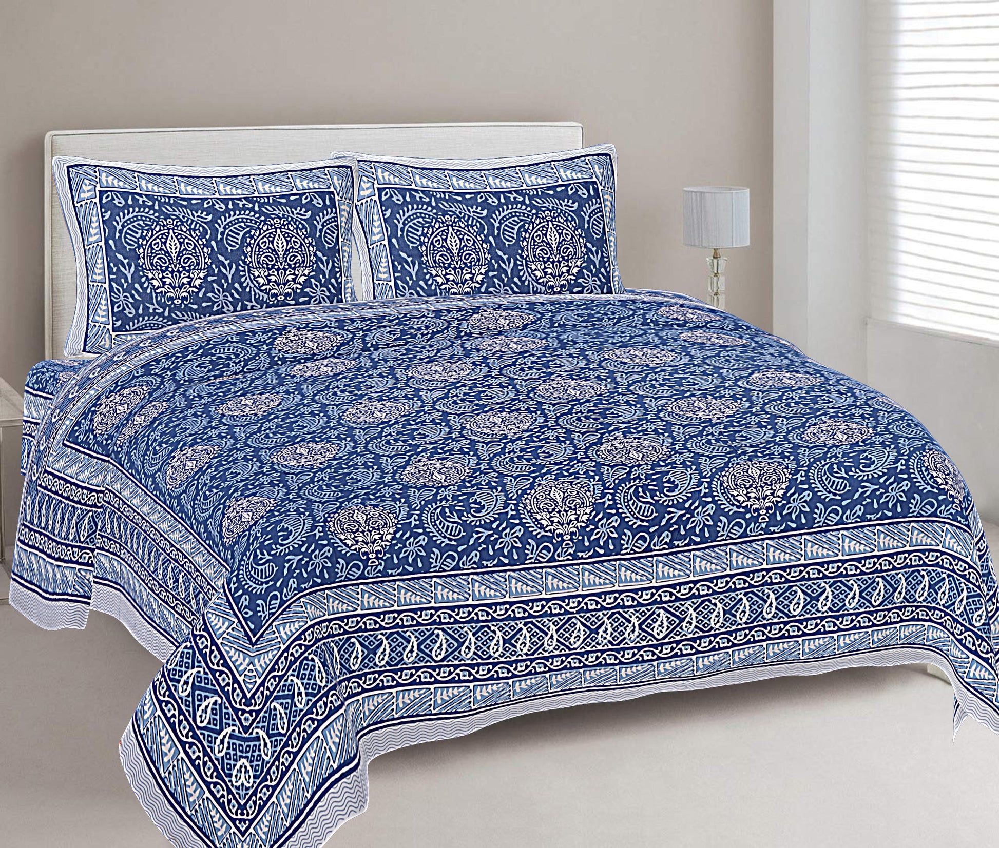 Denim Blue Ethnic Printed Double Bedsheet With 2 Pillow Covers ADB1469