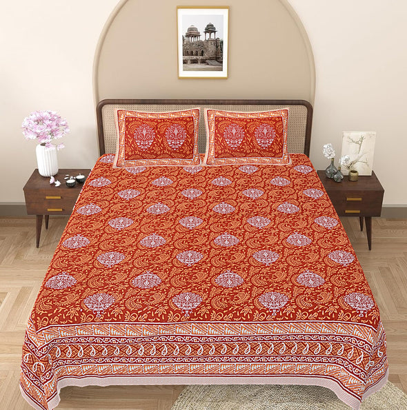 Brick Red Ethnic Printed Double Bedsheet With 2 Pillow Covers ADB1470