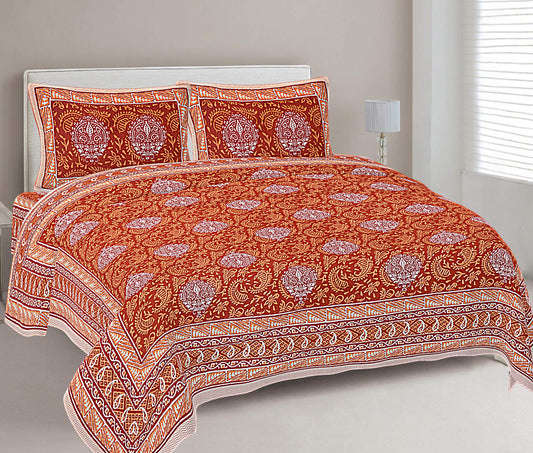 Brick Red Ethnic Printed Double Bedsheet With 2 Pillow Covers ADB1470