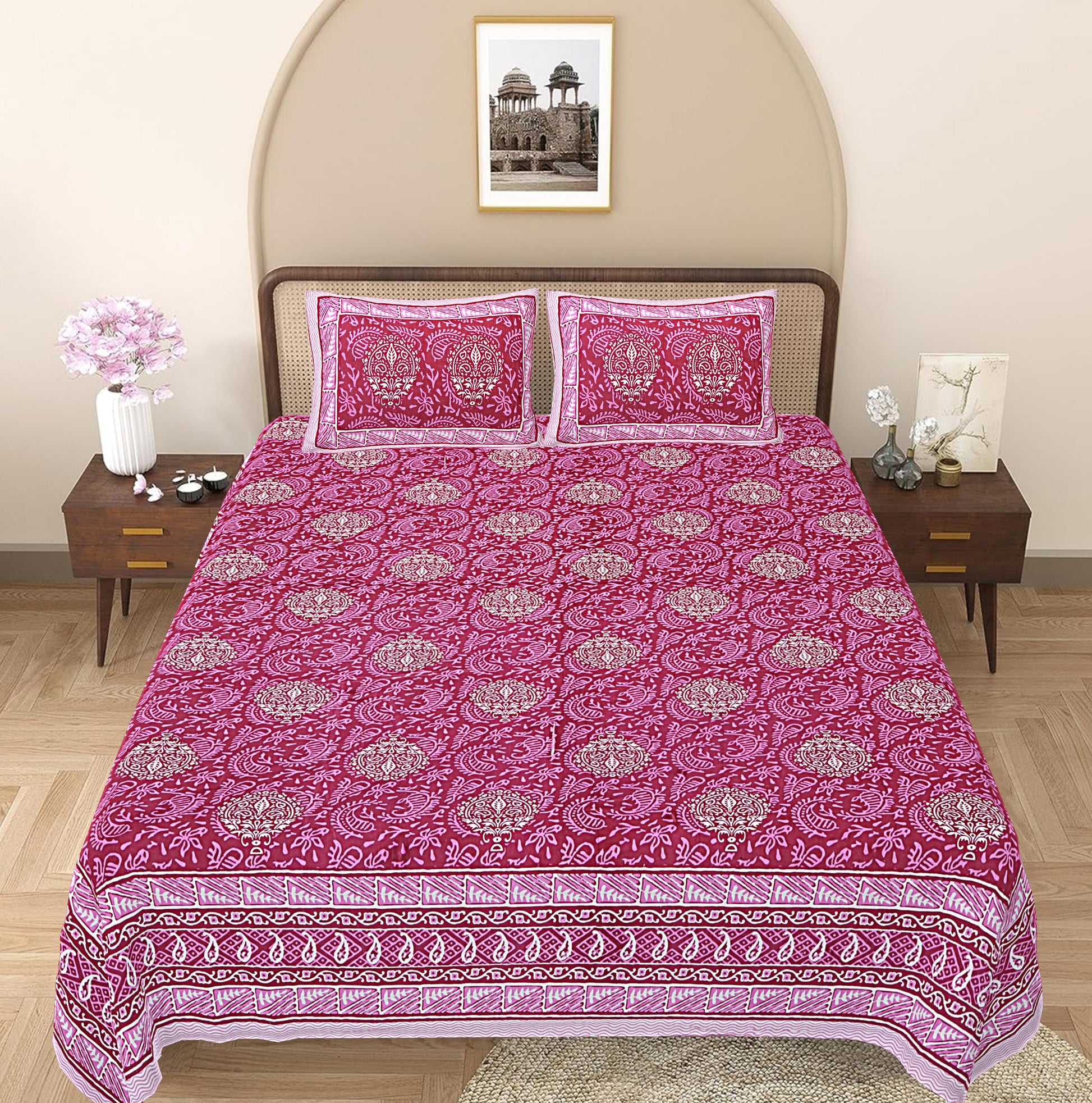 Pink Ethnic Printed Double Bedsheet With 2 Pillow Covers ADB1471