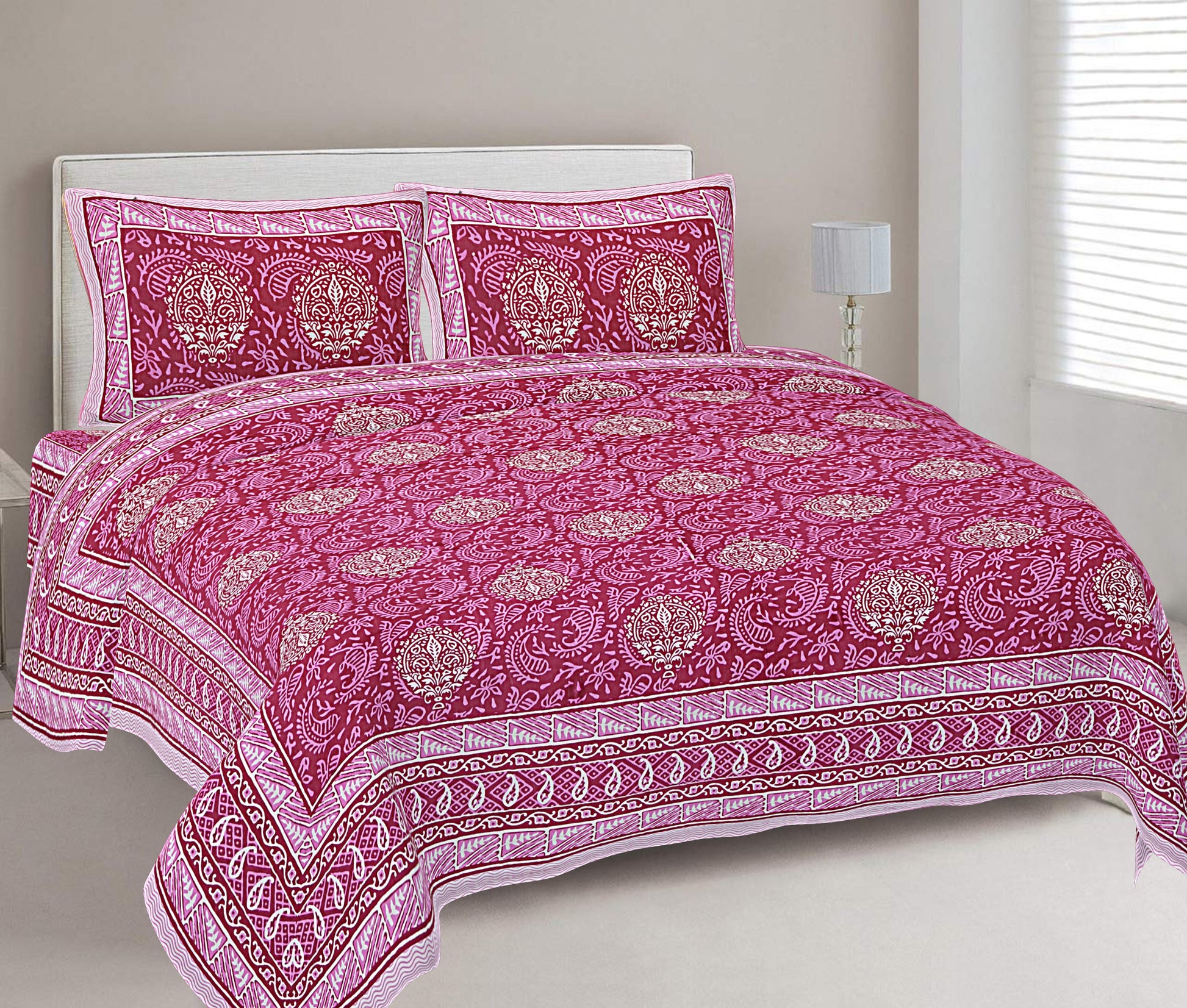 Pink Ethnic Printed Double Bedsheet With 2 Pillow Covers ADB1471