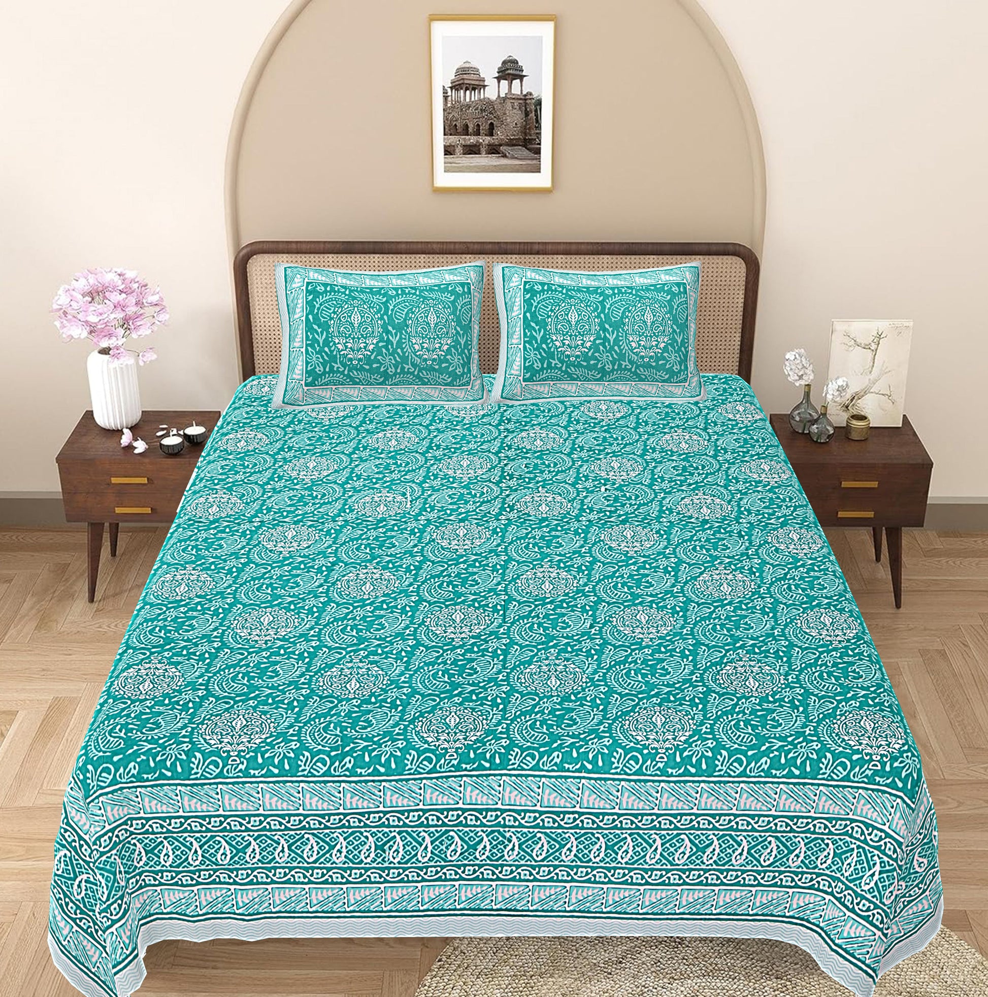 Turquoise Blue Ethnic Printed Double Bedsheet With 2 Pillow Covers ADB1472