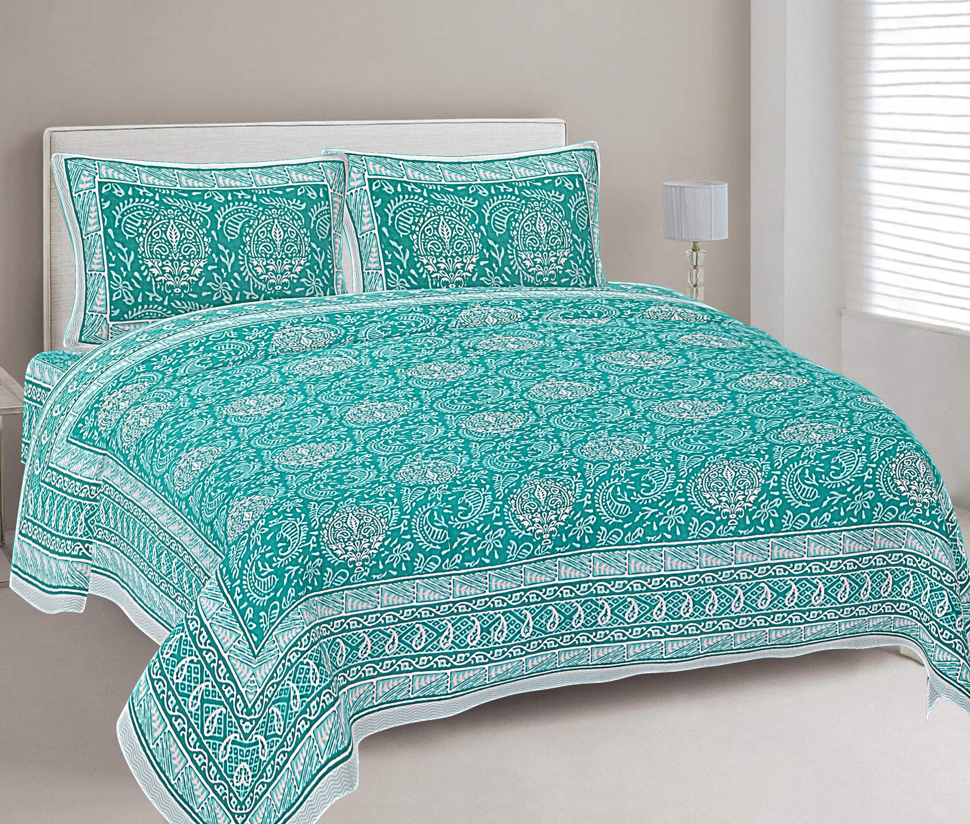 Turquoise Blue Ethnic Printed Double Bedsheet With 2 Pillow Covers ADB1472