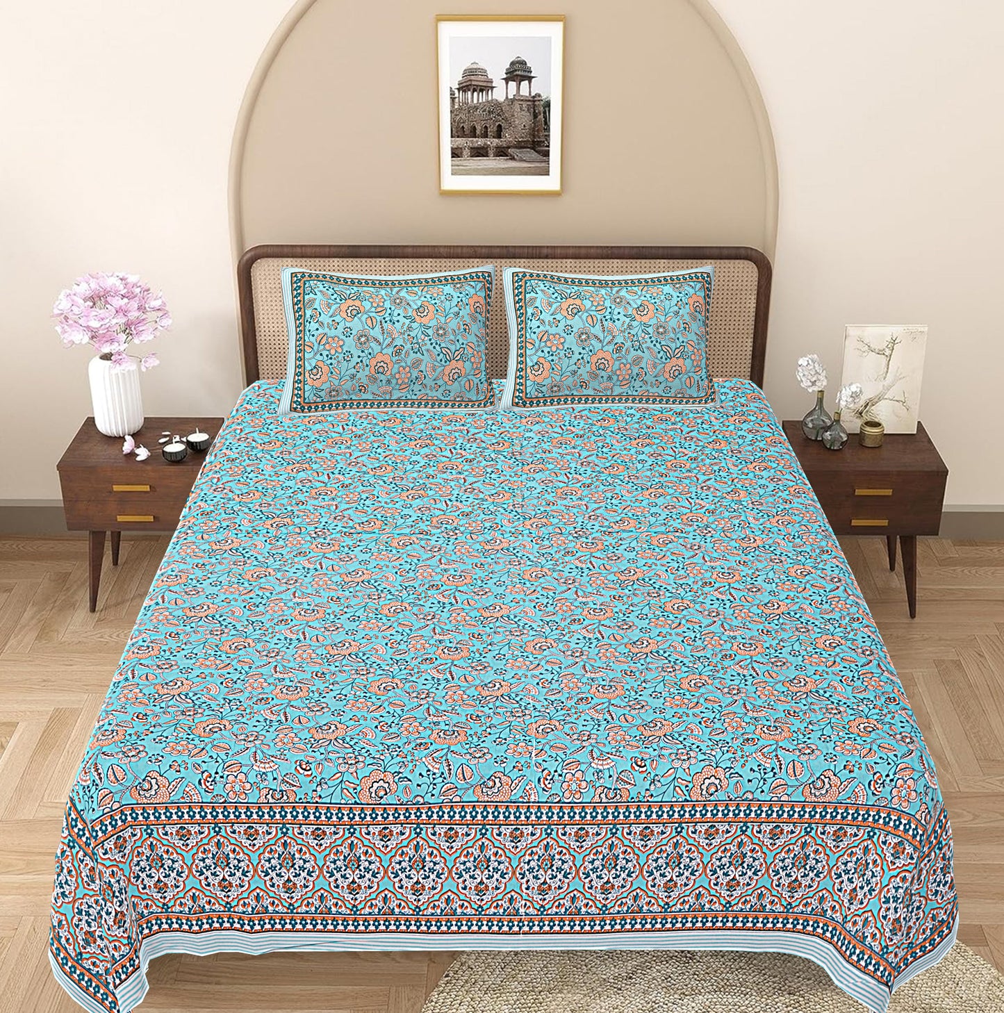 Turquoise Blue Floral Printed Double Bedsheet With 2 Pillow Covers ADB1473