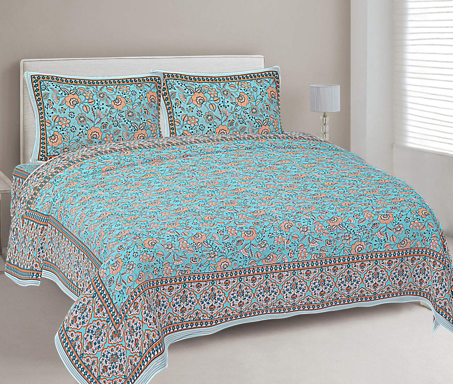 Turquoise Blue Floral Printed Double Bedsheet With 2 Pillow Covers ADB1473