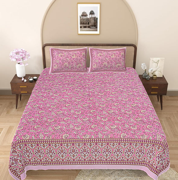 Fuchsia Pink Floral Printed Double Bedsheet With 2 Pillow Covers ADB1476