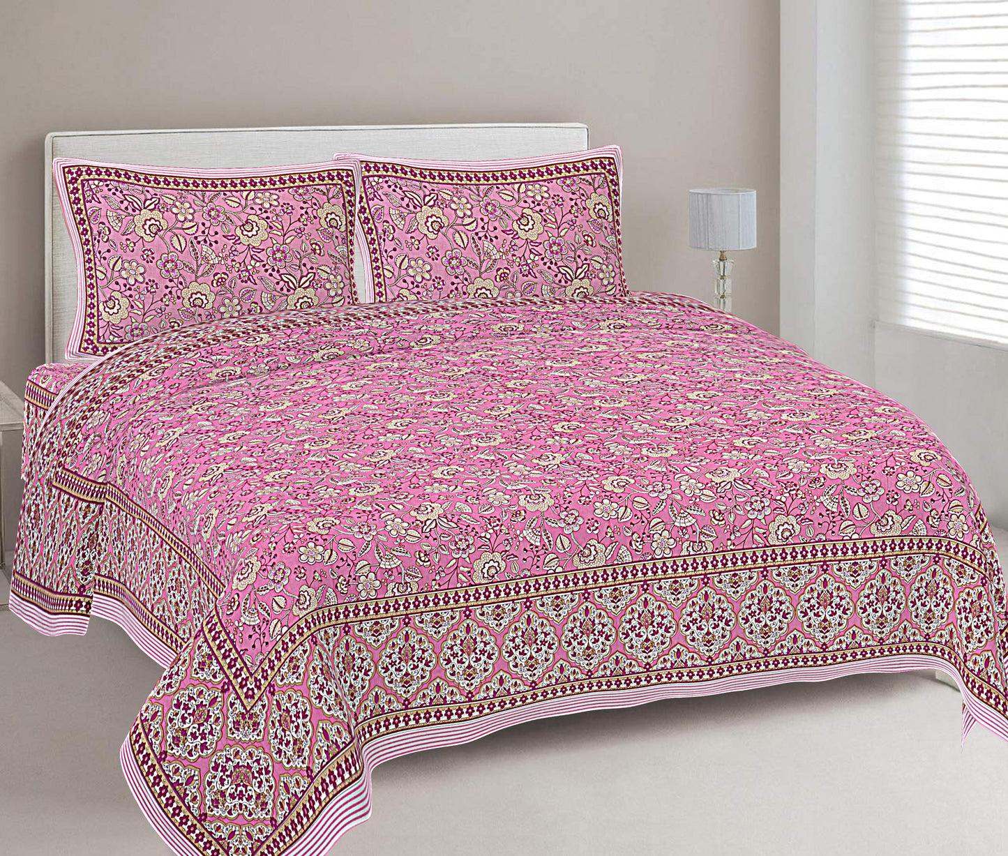 Fuchsia Pink Floral Printed Double Bedsheet With 2 Pillow Covers ADB1476