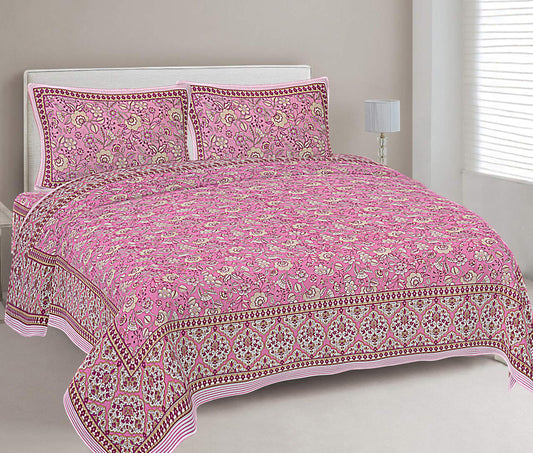 Fuchsia Pink Floral Printed Double Bedsheet With 2 Pillow Covers ADB1476