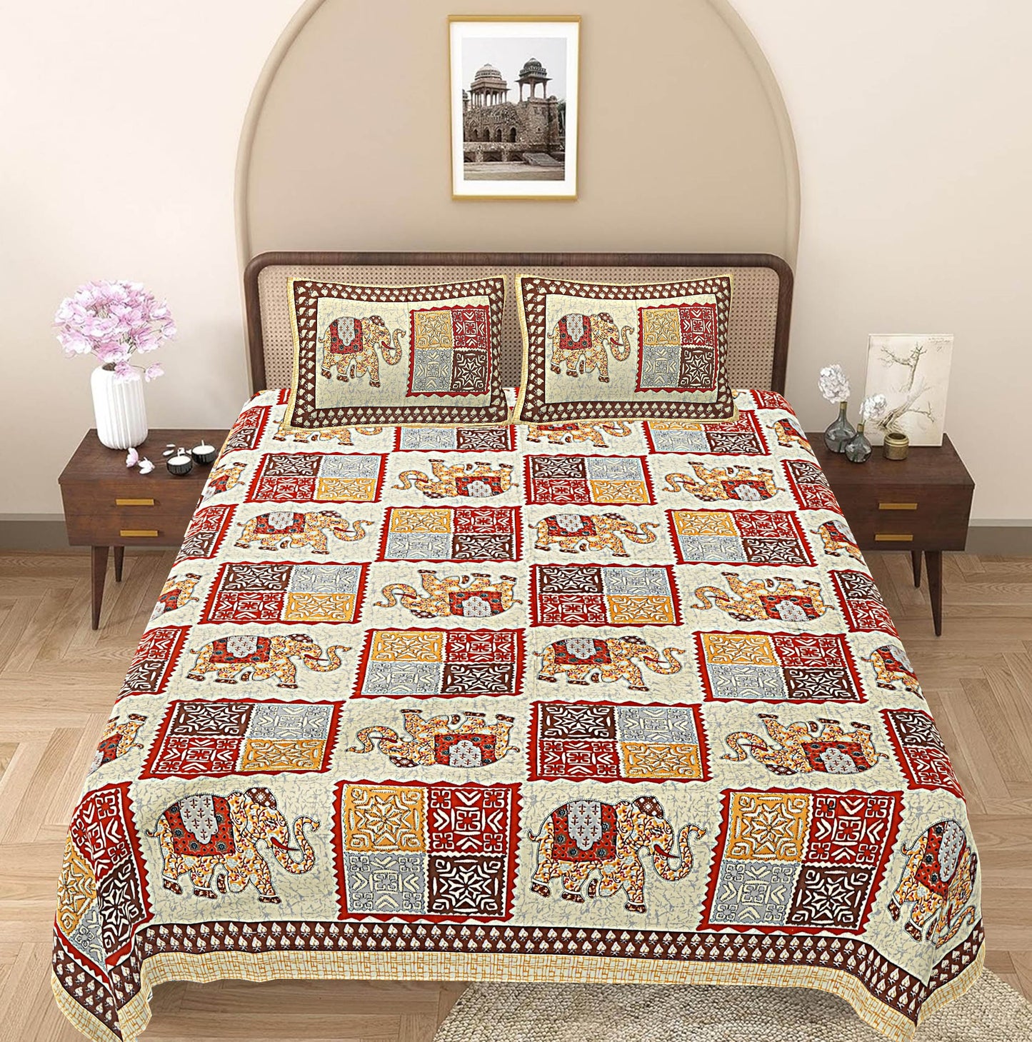 Red Ethnic Motifs 240 TC Cotton 1 King Bedsheet with 2 Pillow Covers ADB1477