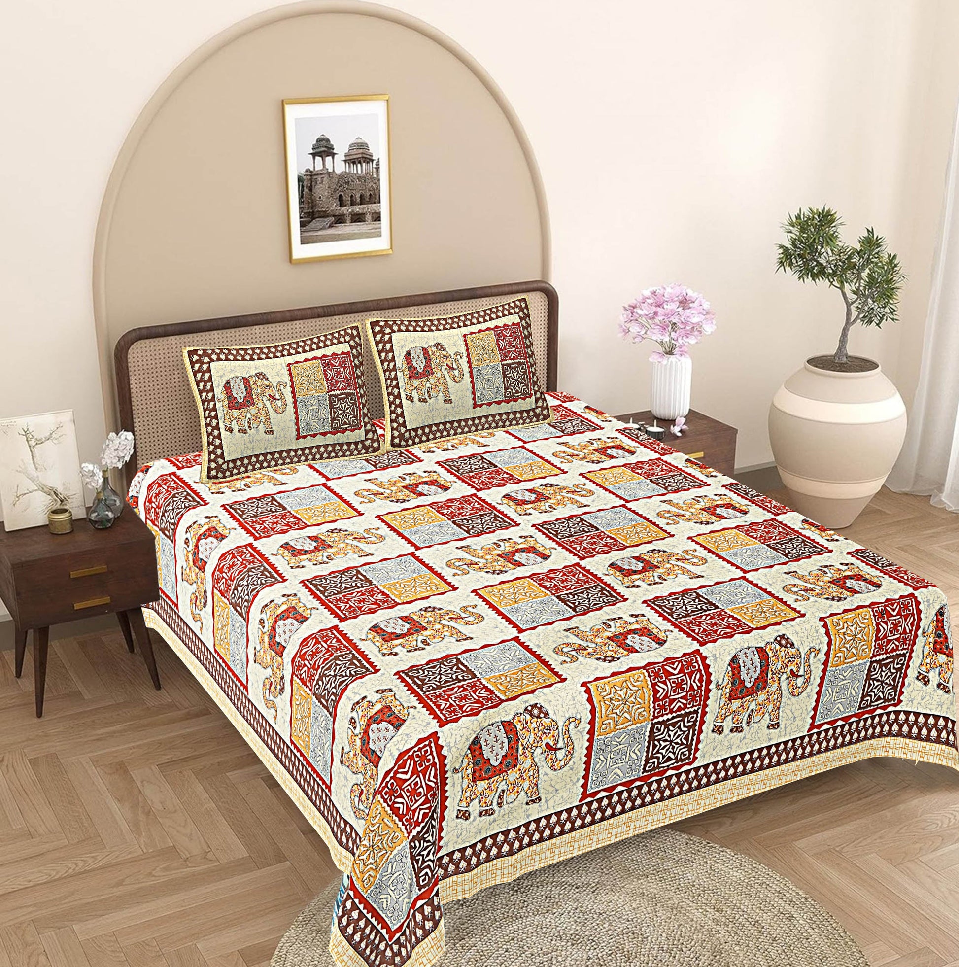 Red Ethnic Motifs 240 TC Cotton 1 King Bedsheet with 2 Pillow Covers ADB1477