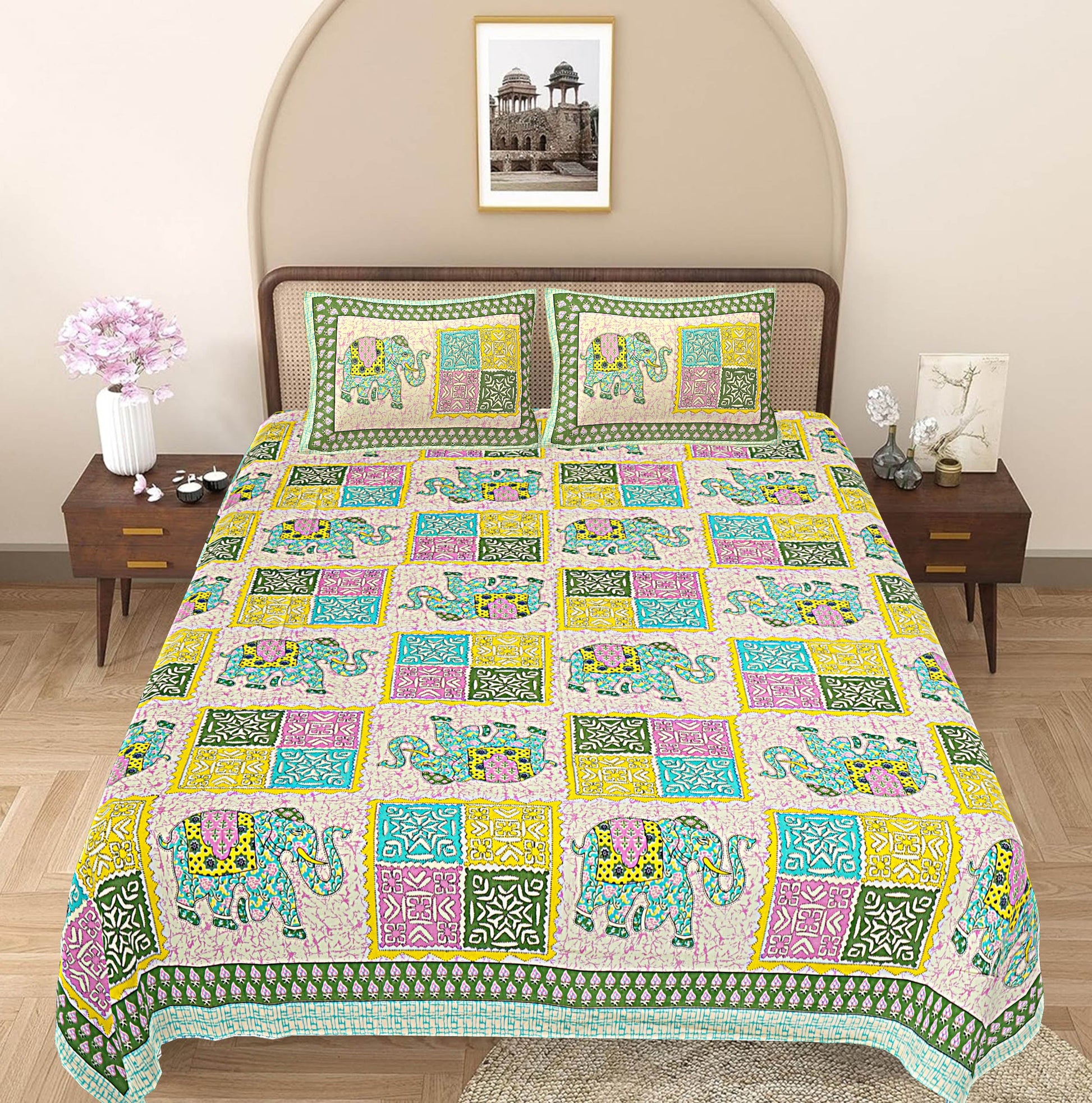 Green Ethnic Motifs 240 TC Cotton 1 King Bedsheet with 2 Pillow Covers ADB1478