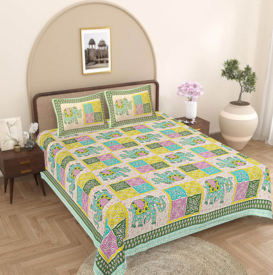 Green Ethnic Motifs 240 TC Cotton 1 King Bedsheet with 2 Pillow Covers ADB1478