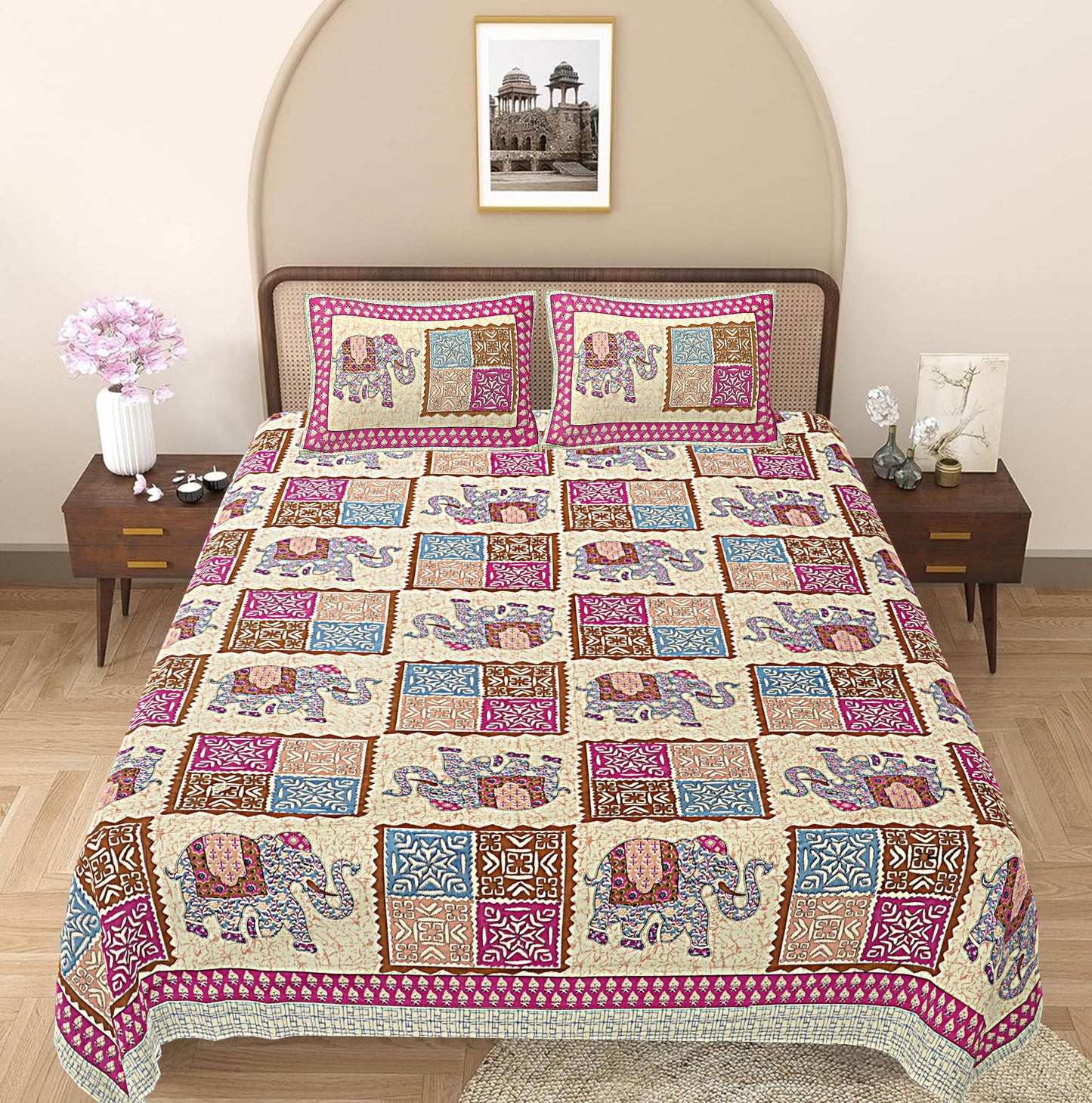 Pink Ethnic Motifs 240 TC Cotton 1 King Bedsheet with 2 Pillow Covers ADB1479